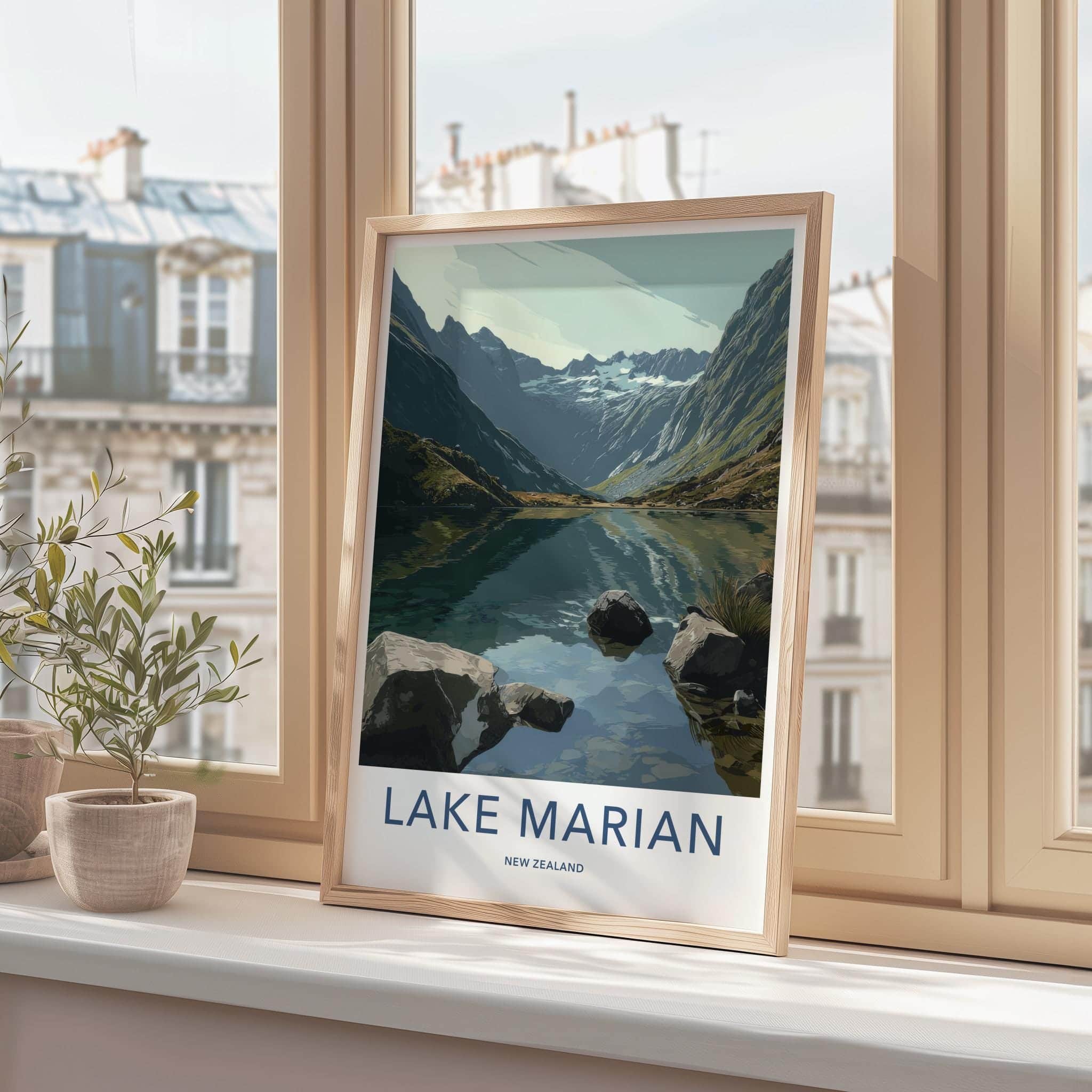 Lake Marian Poster - New Zealand Travel Art - Alpine Lake Peaks Home Decor