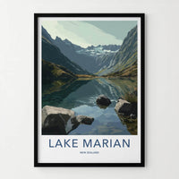 Lake Marian Poster - New Zealand Travel Art - Alpine Lake Peaks Home Decor