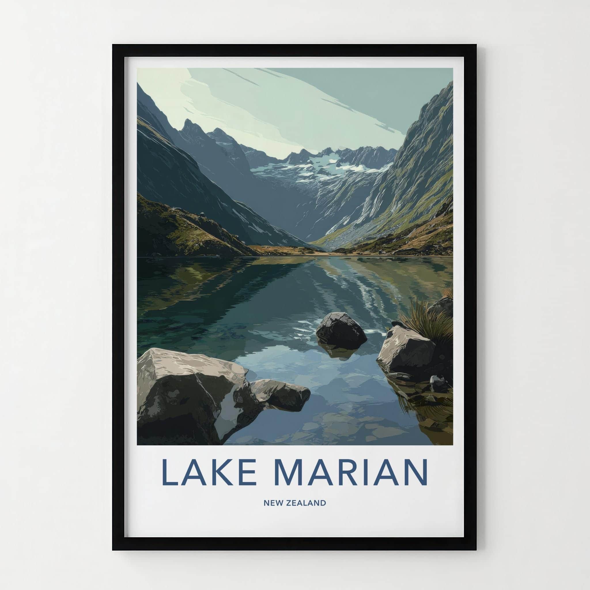 Lake Marian Poster - New Zealand Travel Art - Alpine Lake Peaks Home Decor