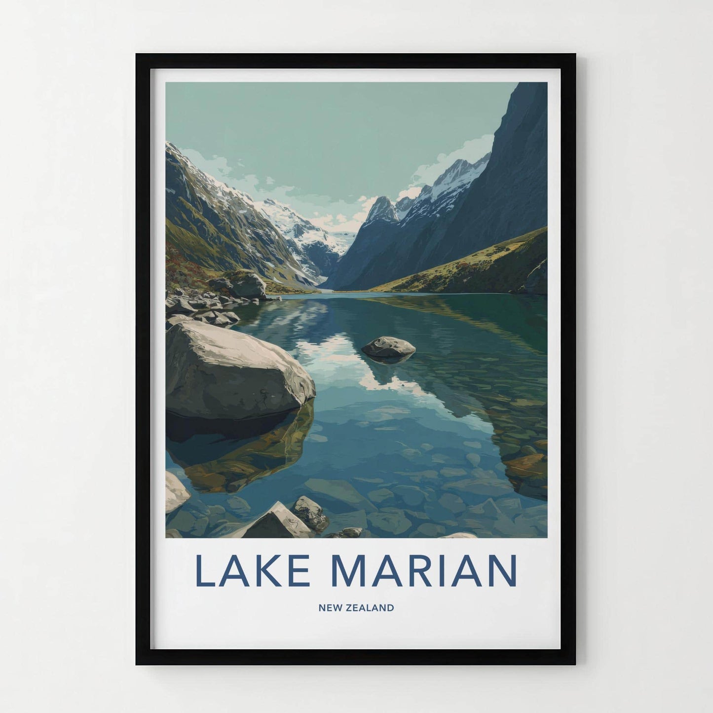 Lake Marian Poster - New Zealand Travel Art - Clear Alpine Water Home Decor