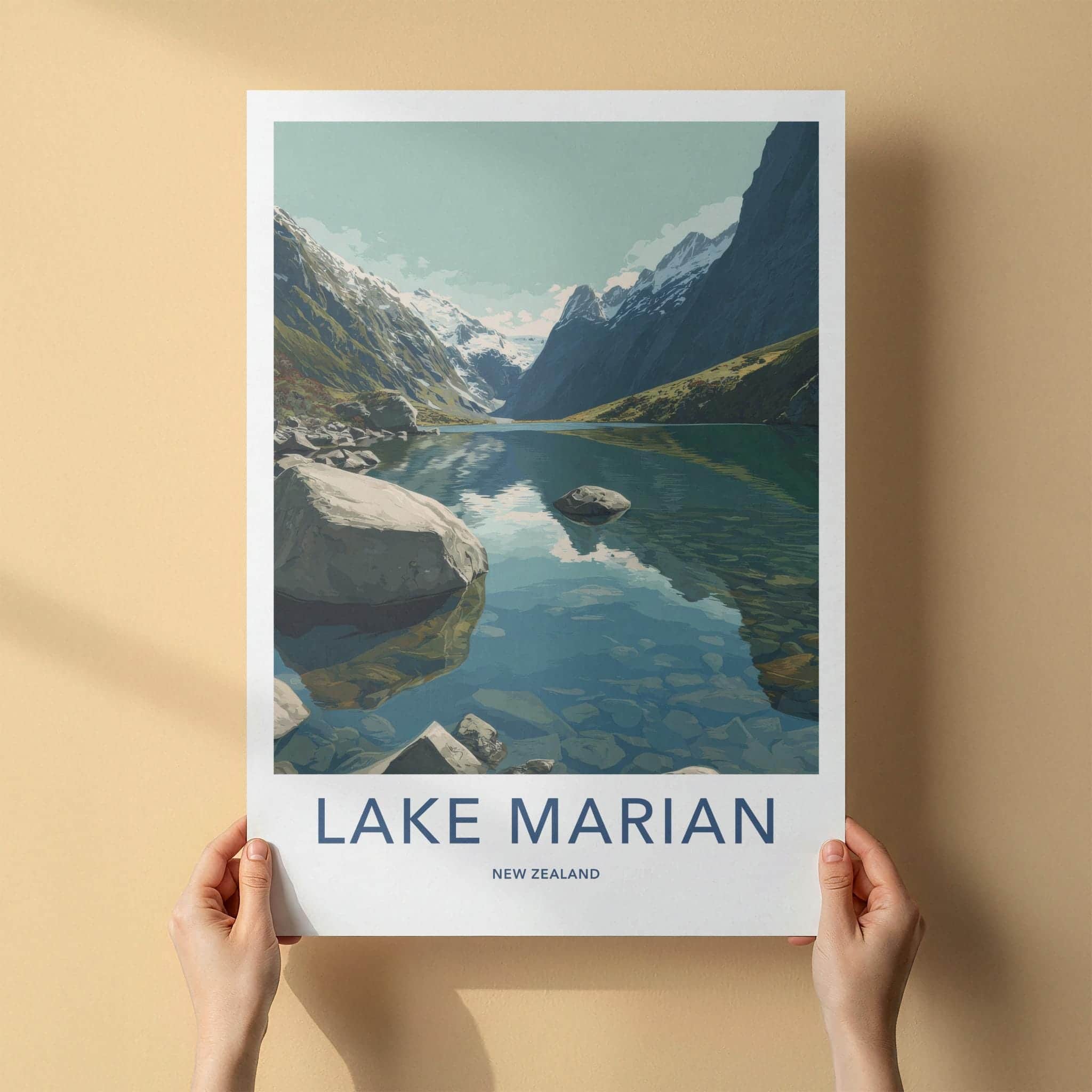 Lake Marian Poster - New Zealand Travel Art - Clear Alpine Water Home Decor