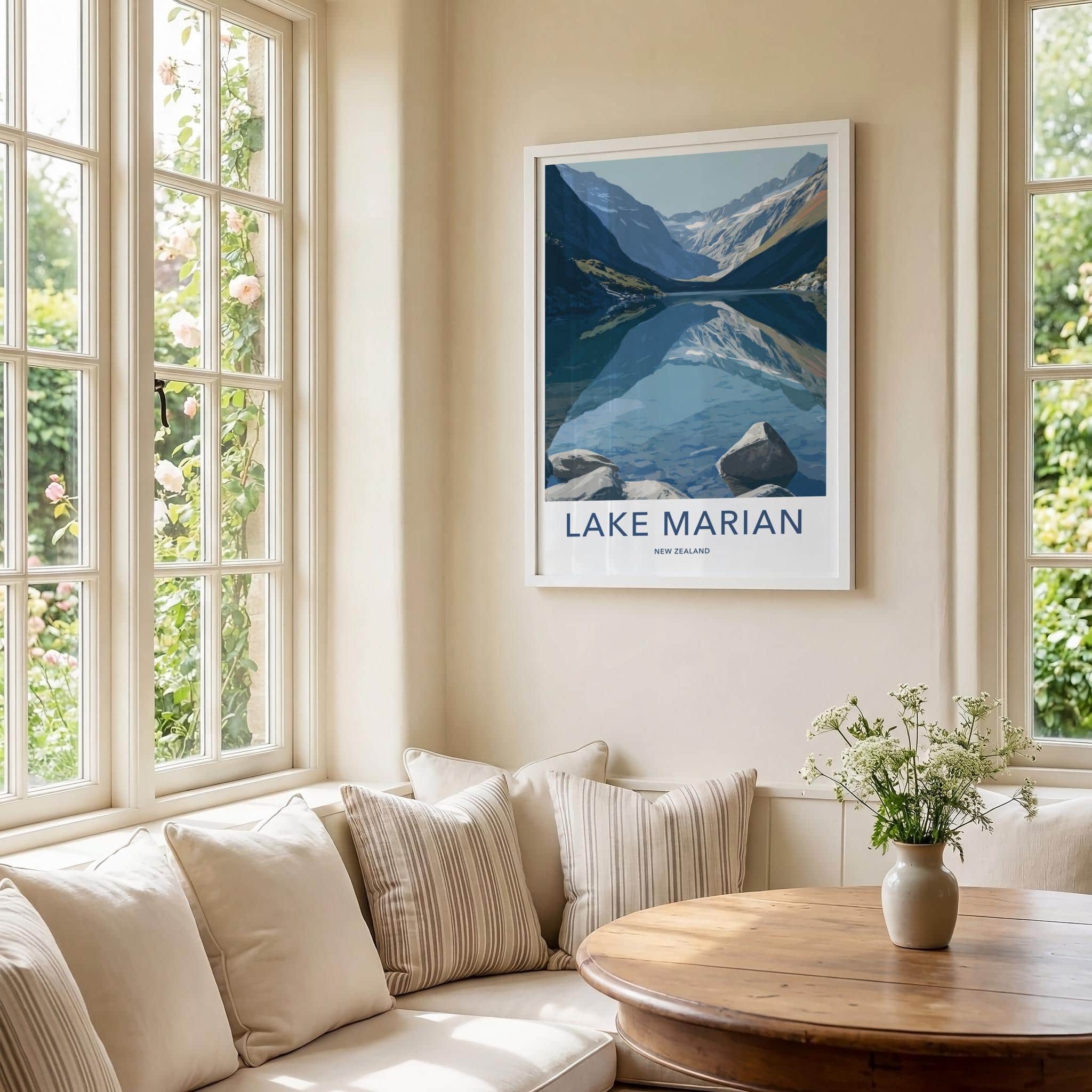 Lake Marian Poster - New Zealand Travel Art - Mountain Lake Reflection Home Decor