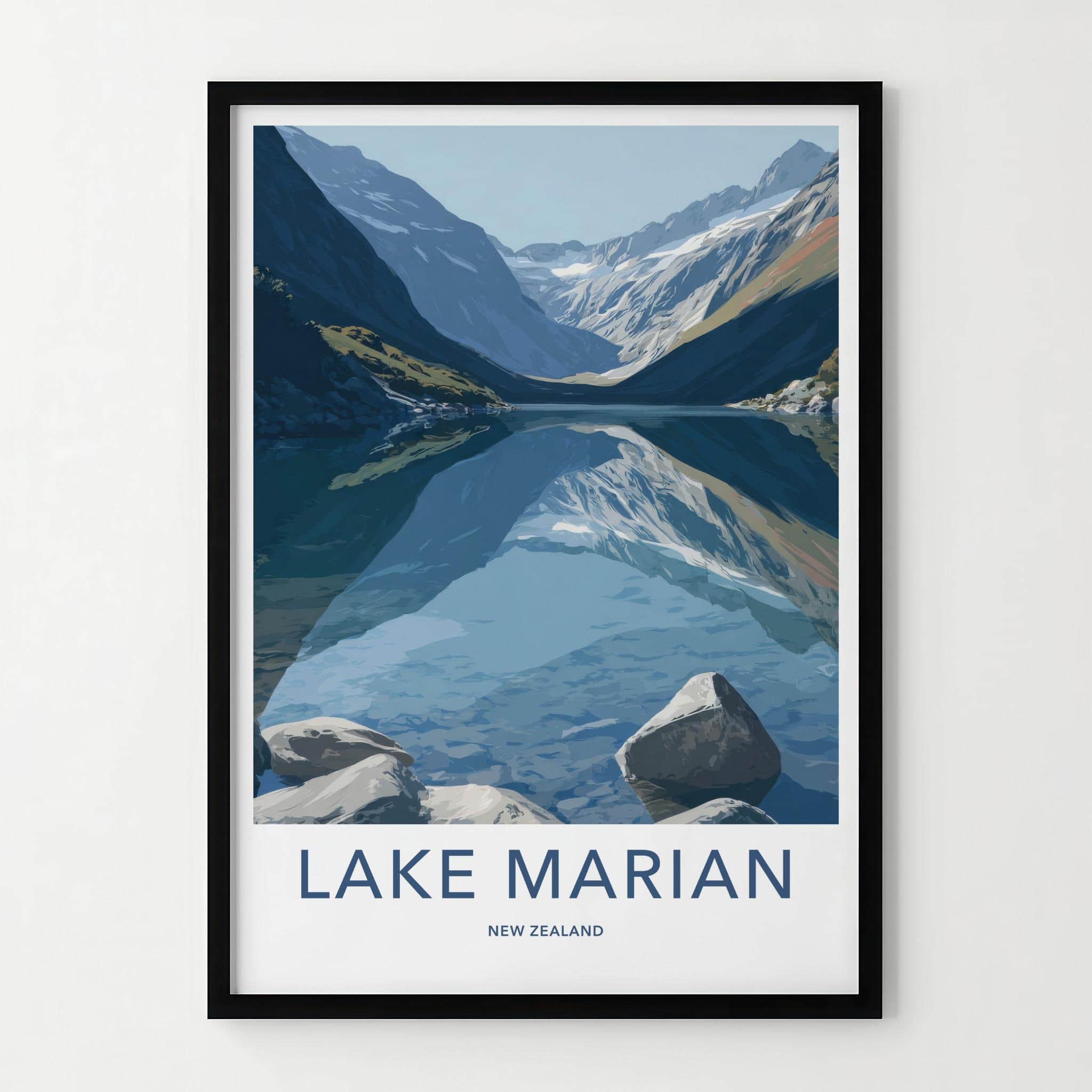Lake Marian Poster - New Zealand Travel Art - Mountain Lake Reflection Home Decor