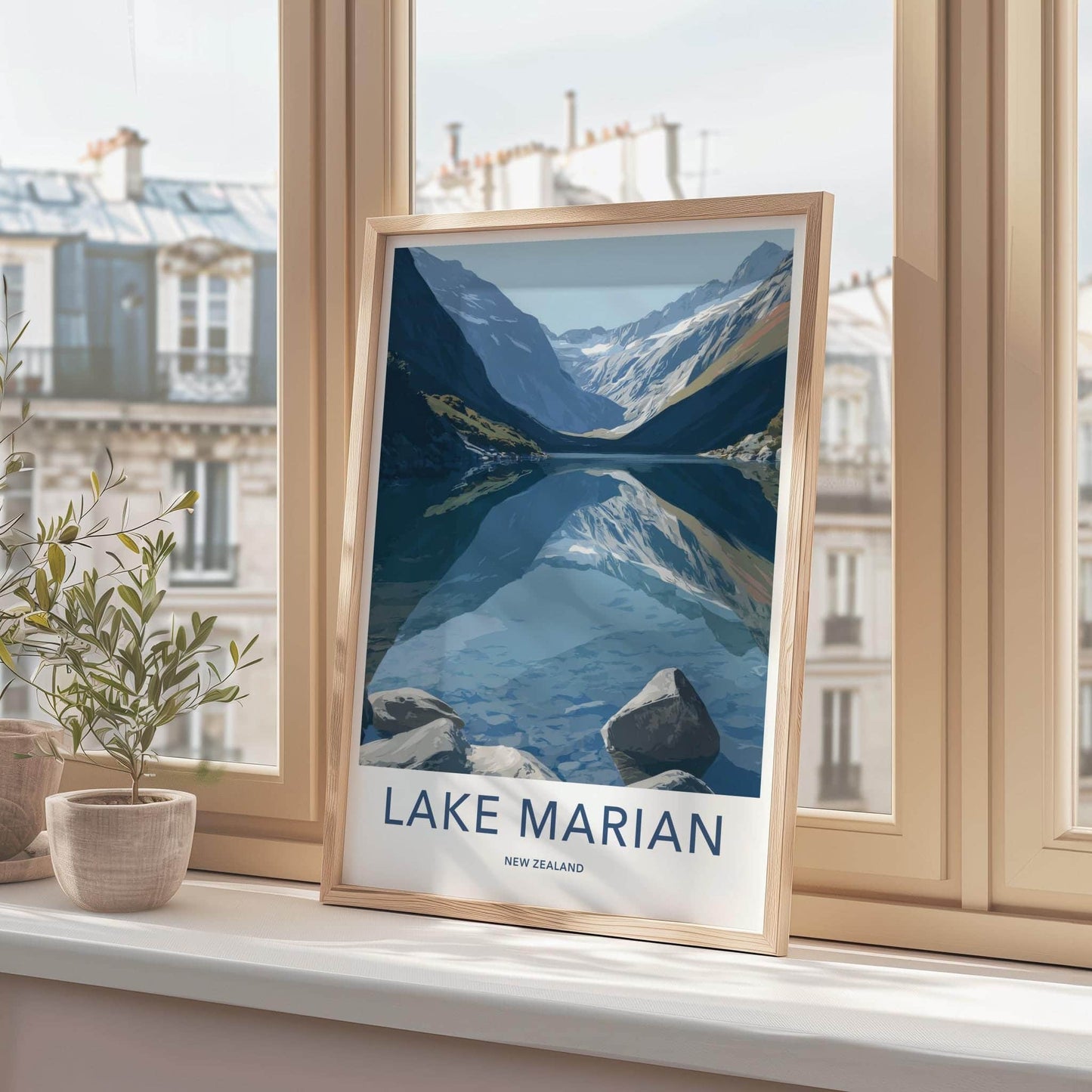 Lake Marian Poster - New Zealand Travel Art - Mountain Lake Reflection Home Decor