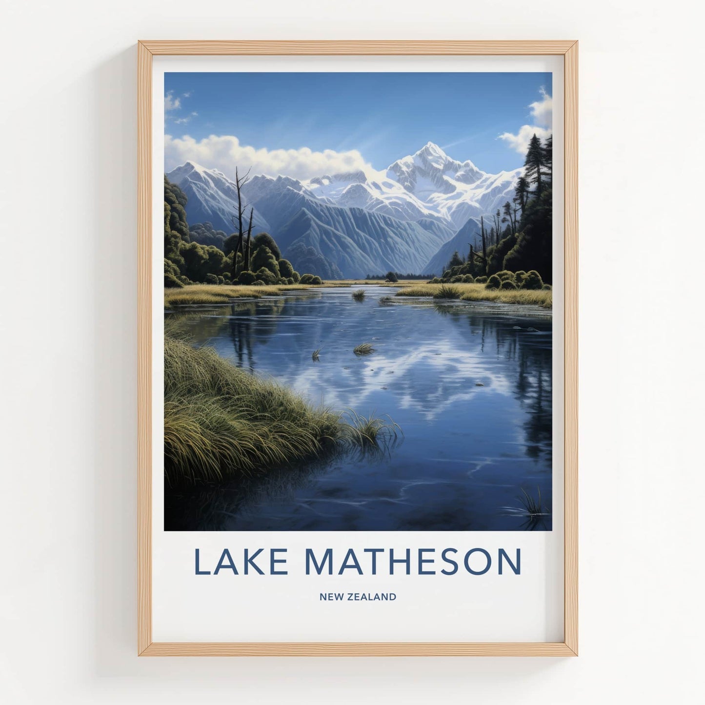 Lake Matheson Poster - New Zealand Art Print - Snowy Peaks Water Wall Decor