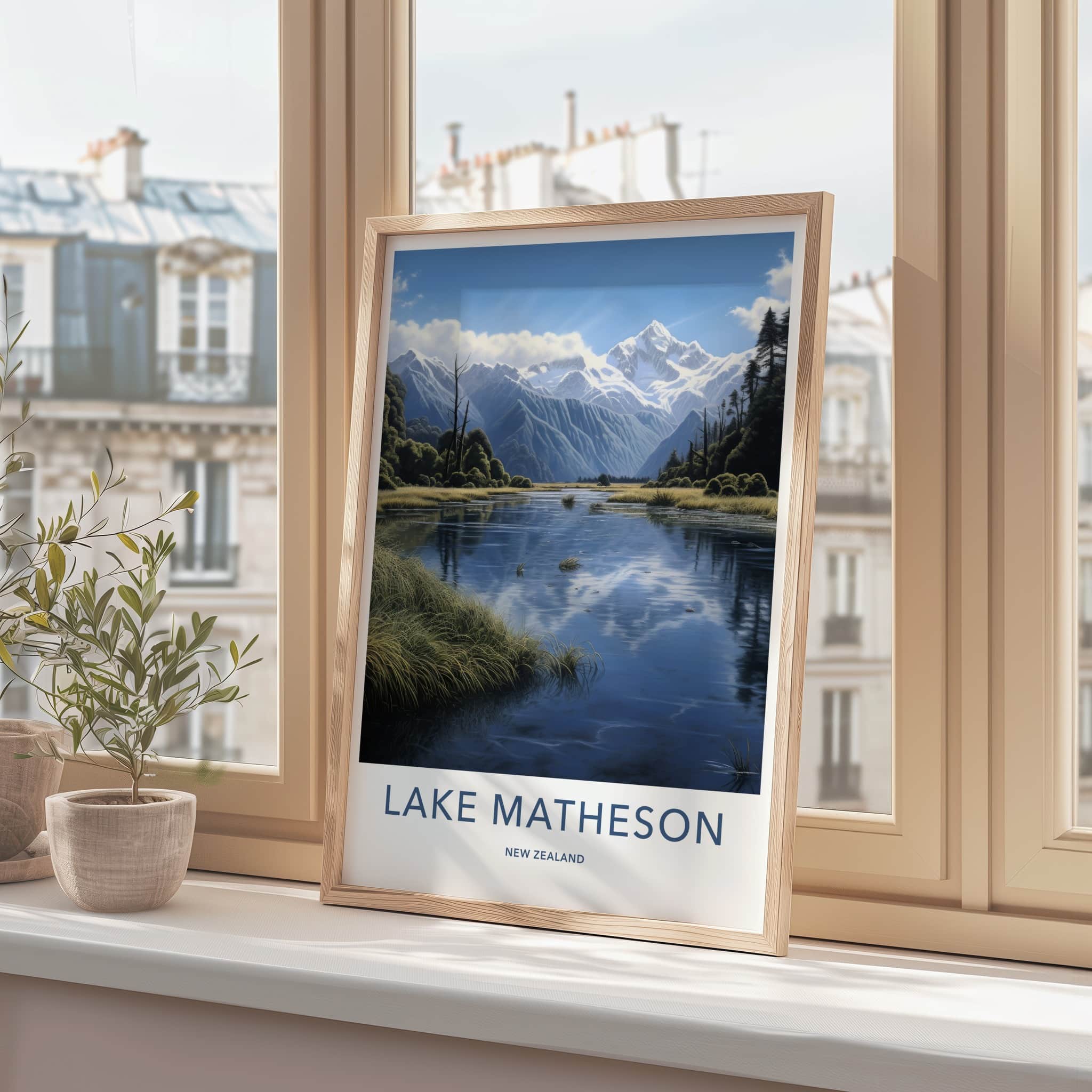 Lake Matheson Poster - New Zealand Art Print - Snowy Peaks Water Wall Decor