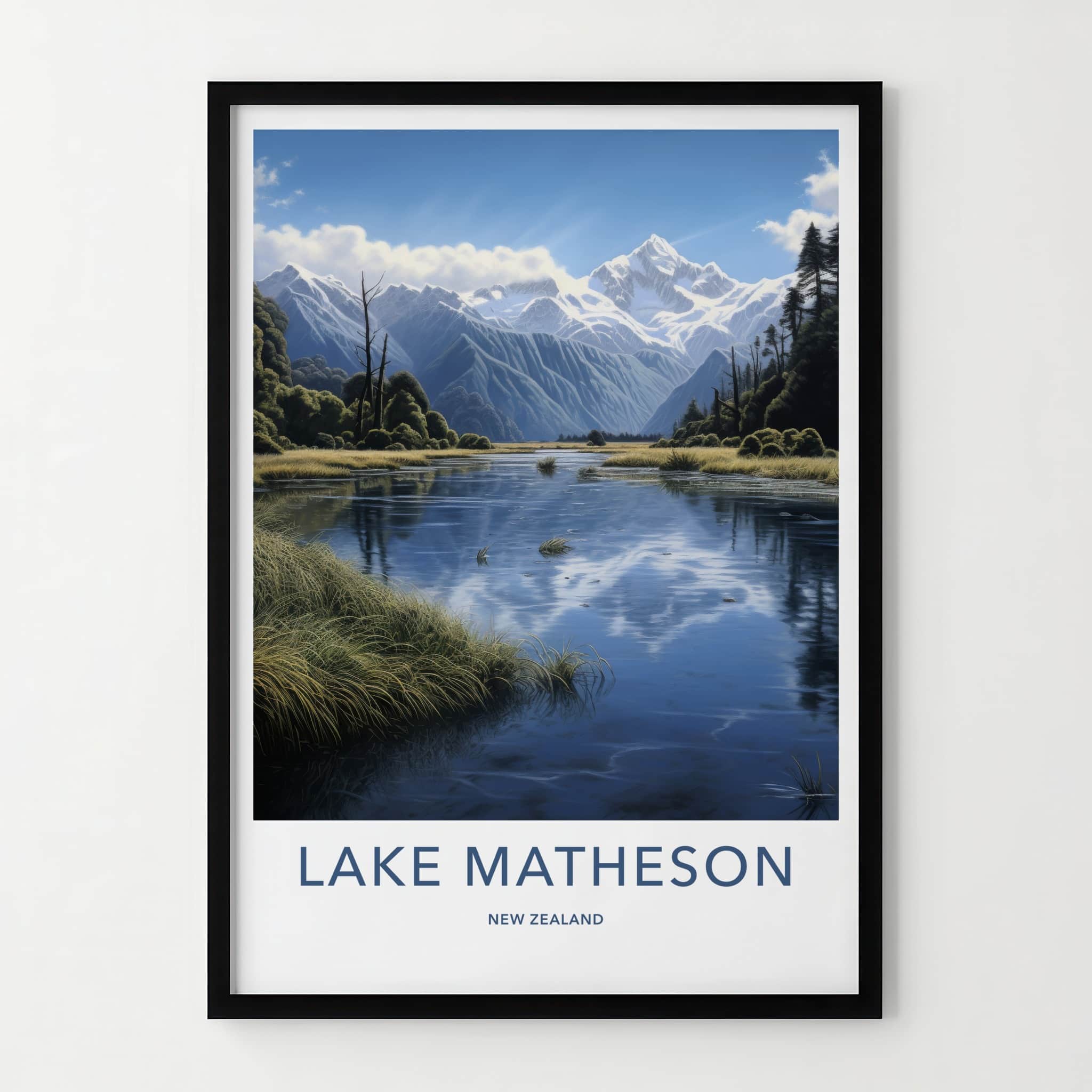 Lake Matheson Poster - New Zealand Art Print - Snowy Peaks Water Wall Decor