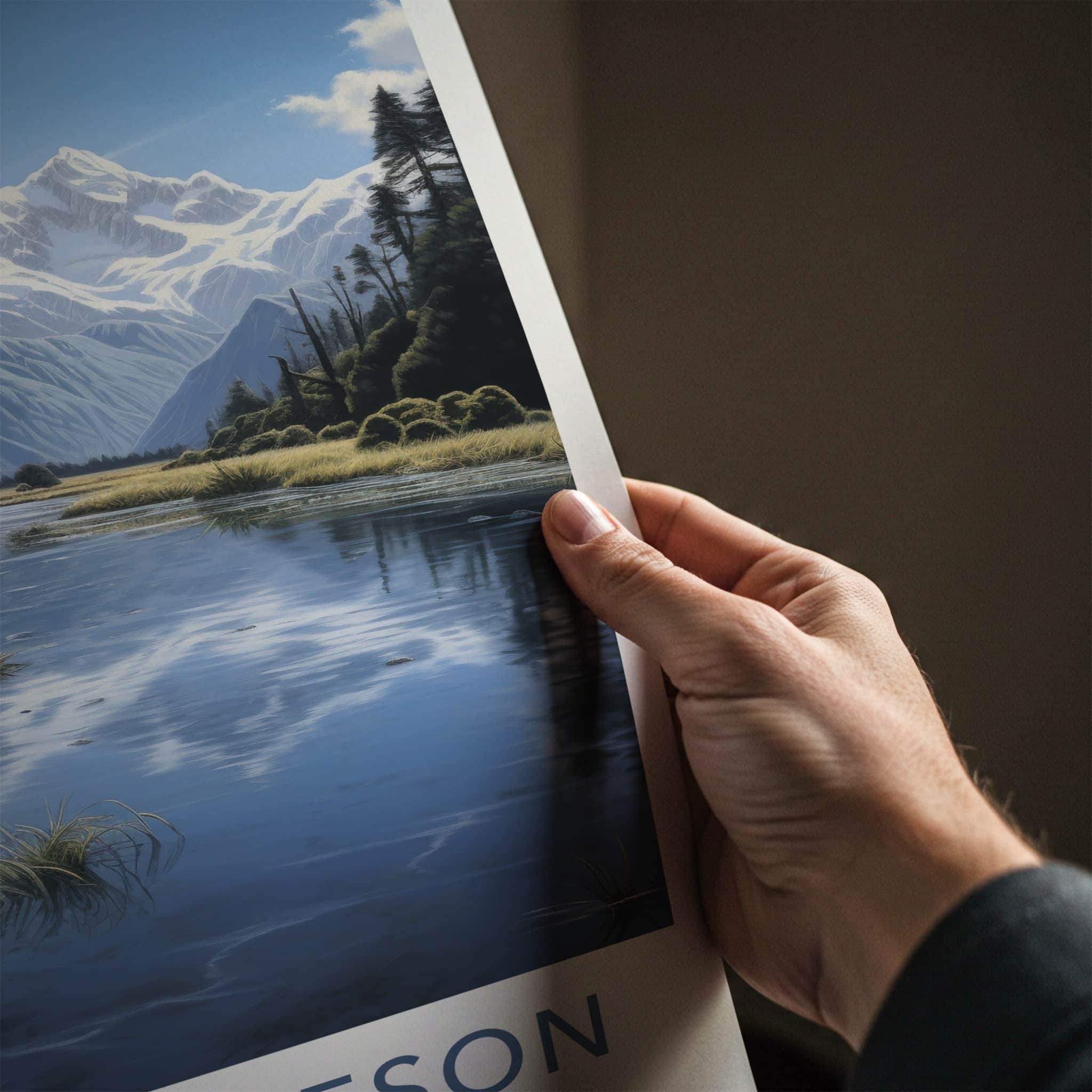 Lake Matheson Poster - New Zealand Art Print - Snowy Peaks Water Wall Decor