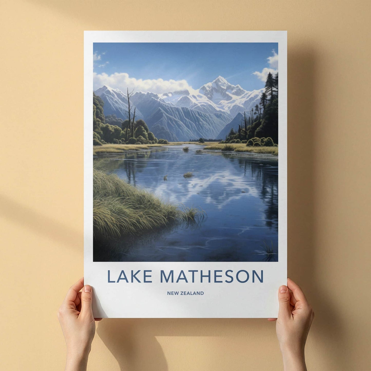 Lake Matheson Poster - New Zealand Art Print - Snowy Peaks Water Wall Decor