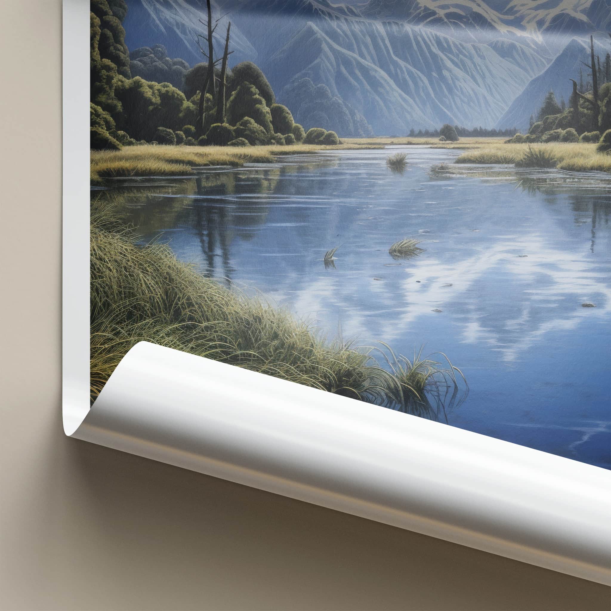 Lake Matheson Poster - New Zealand Art Print - Snowy Peaks Water Wall Decor