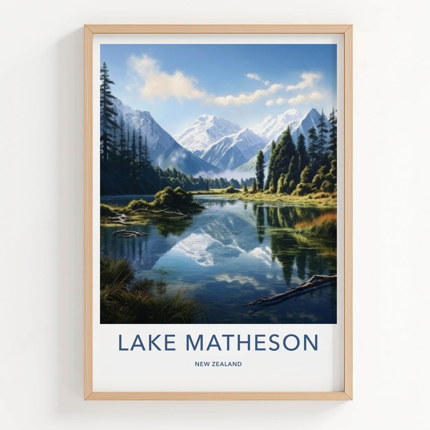 Lake Matheson Poster - New Zealand Travel Art - Reflecting Mountain Lake Wall Decor