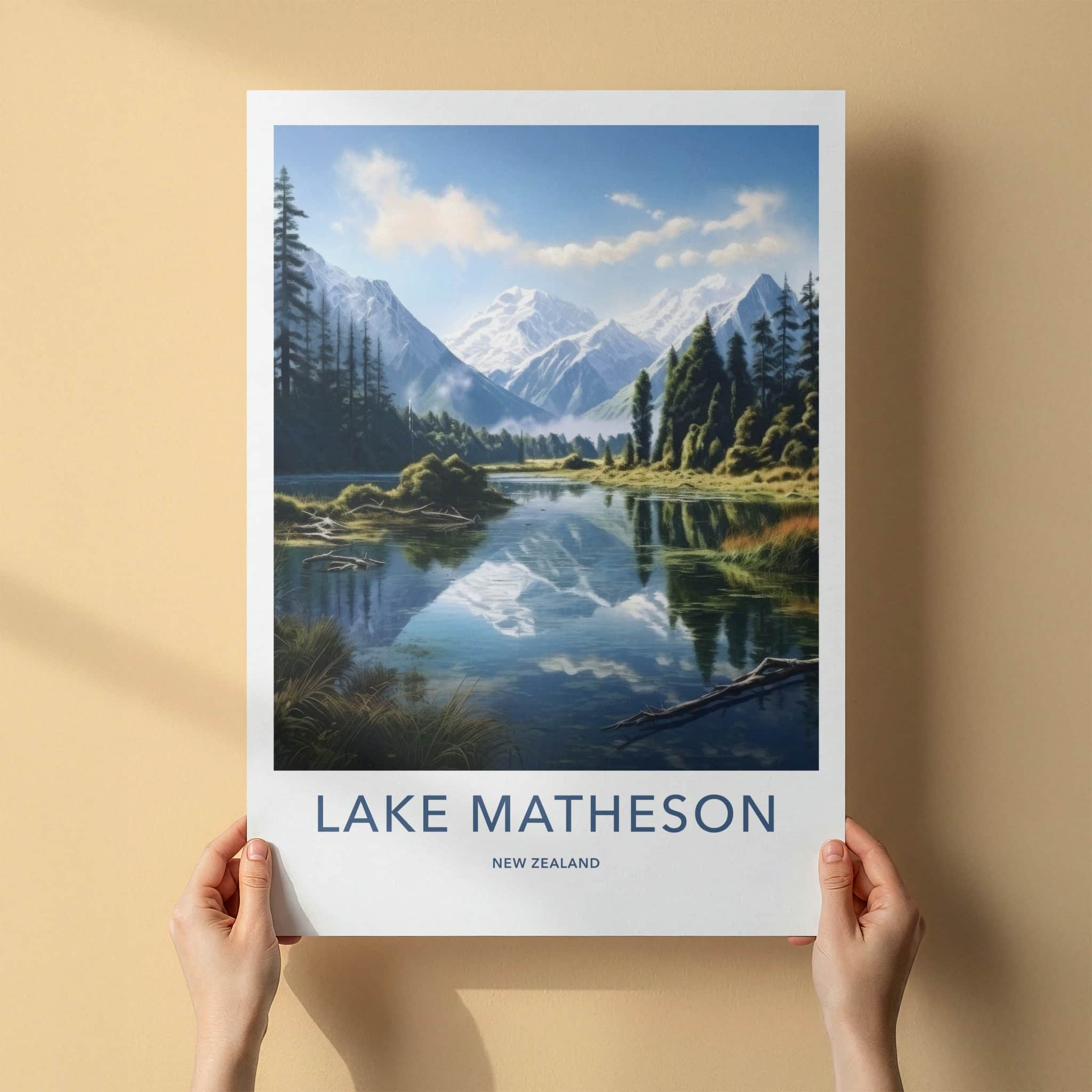 Lake Matheson Poster - New Zealand Travel Art - Reflecting Mountain Lake Wall Decor