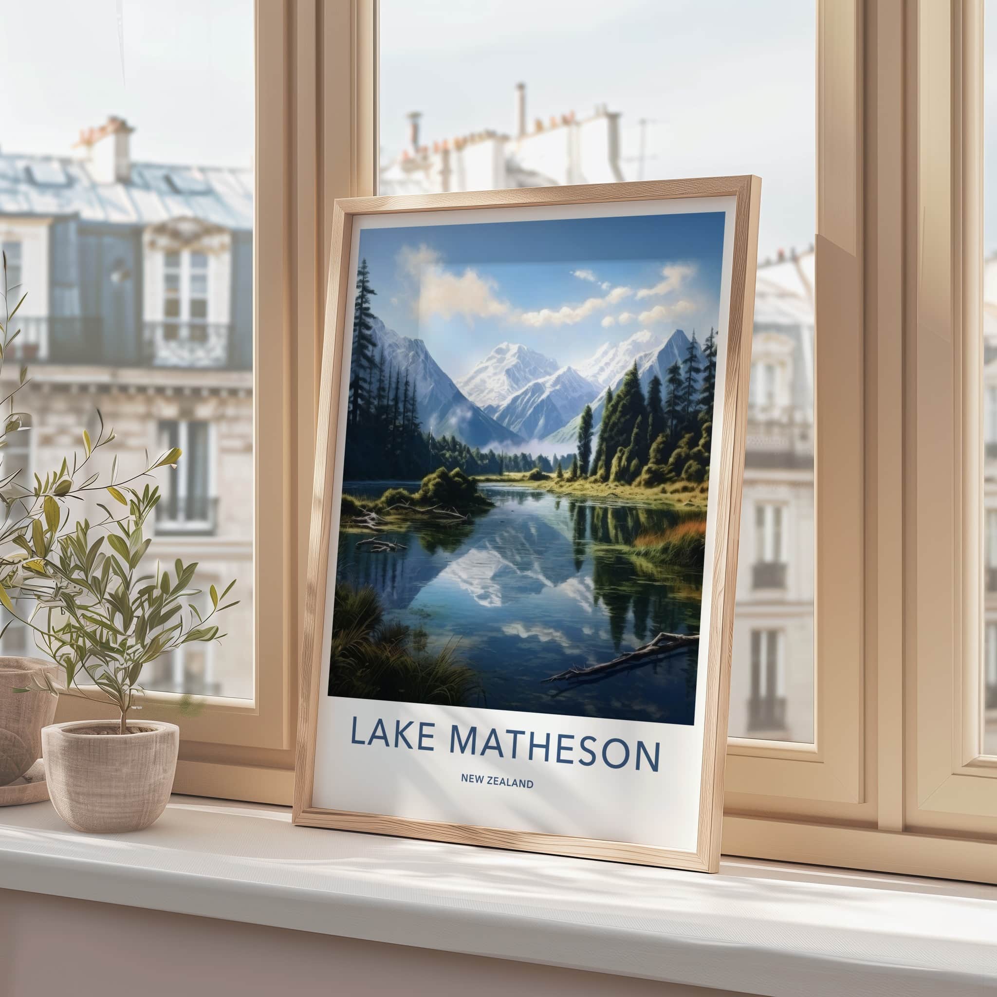 Lake Matheson Poster - New Zealand Travel Art - Reflecting Mountain Lake Wall Decor
