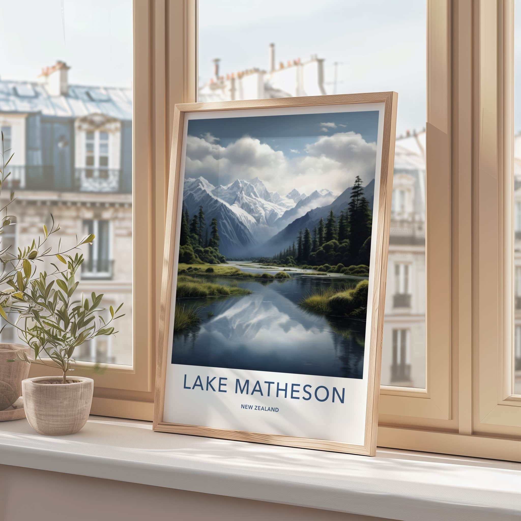 Lake Matheson Poster - New Zealand Travel Art - Snow Peak Reflections Home Decor