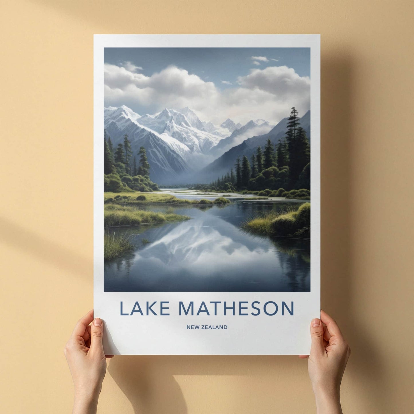 Lake Matheson Poster - New Zealand Travel Art - Snow Peak Reflections Home Decor