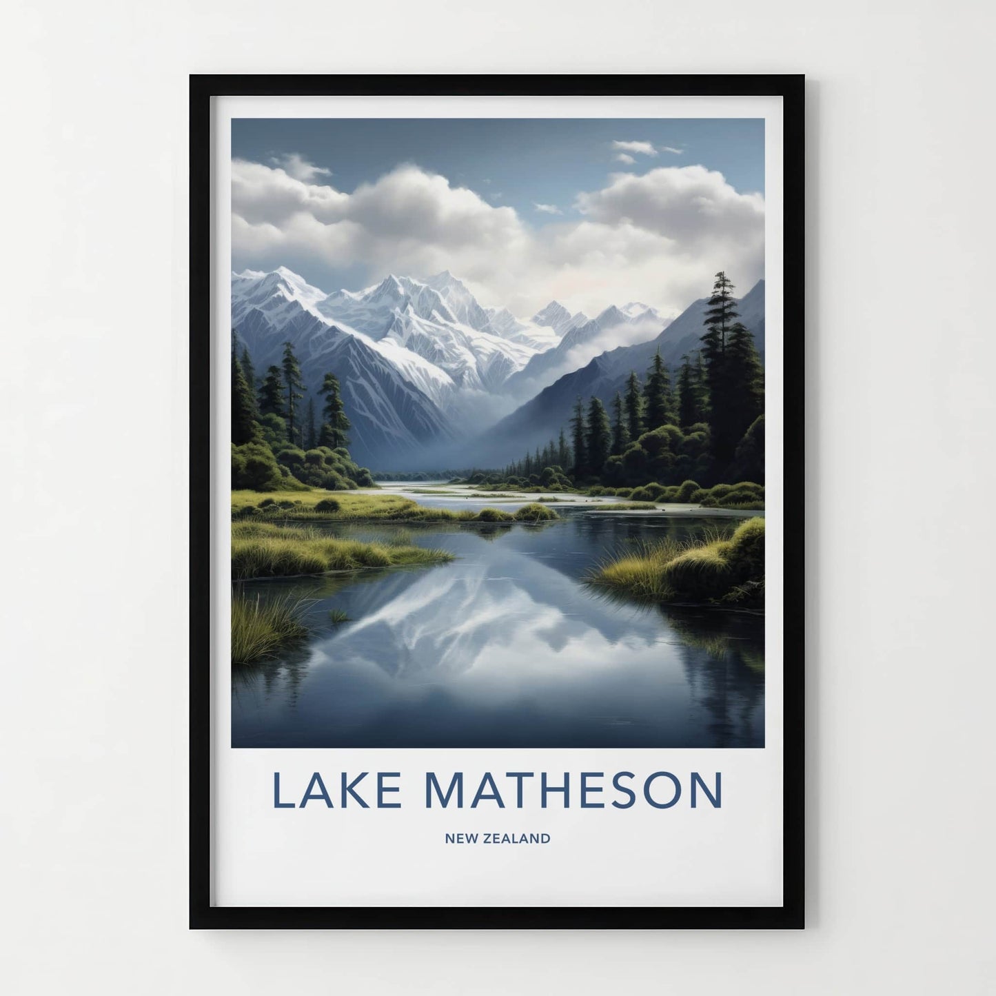 Lake Matheson Poster - New Zealand Travel Art - Snow Peak Reflections Home Decor