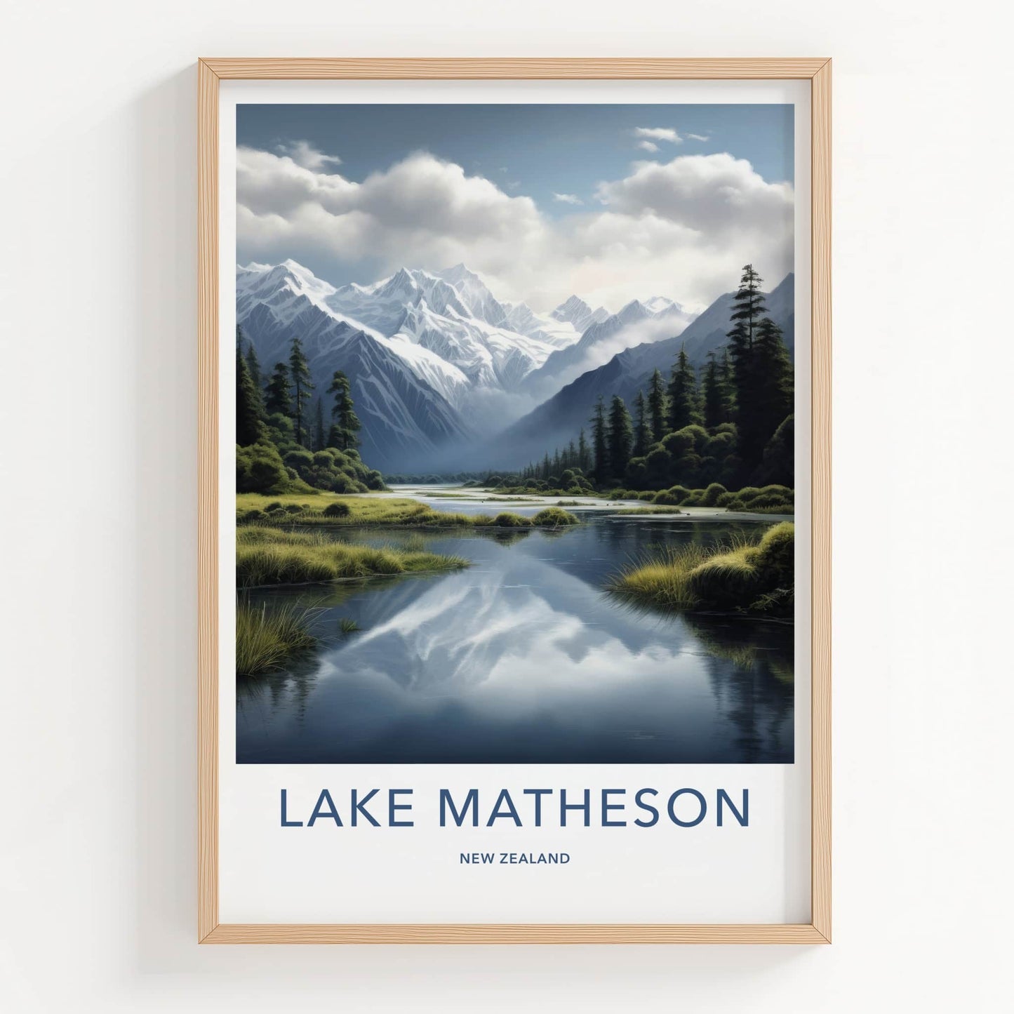 Lake Matheson Poster - New Zealand Travel Art - Snow Peak Reflections Home Decor