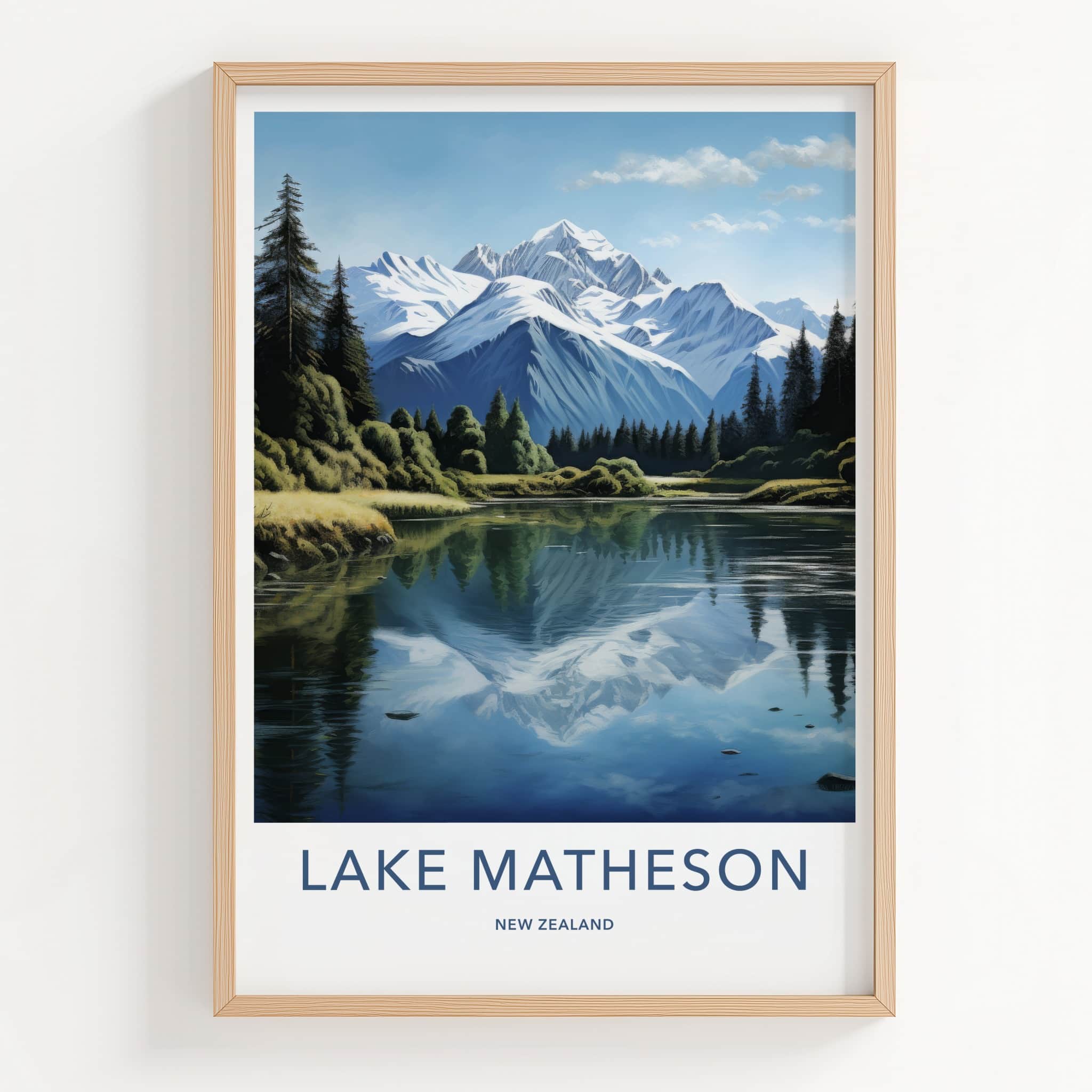 Lake Matheson Poster - New Zealand Travel Art - Snowy Peak Reflection Home Decor