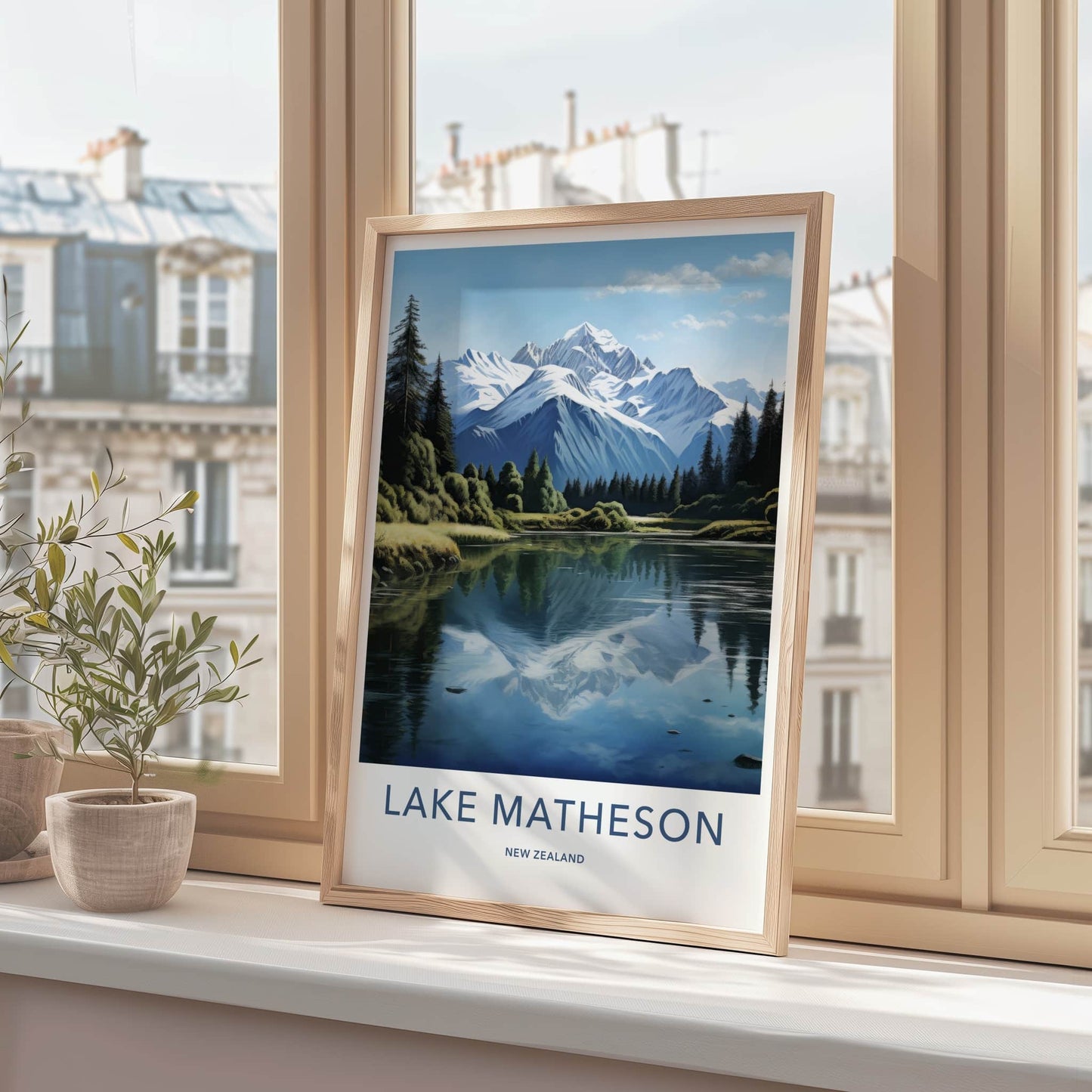Lake Matheson Poster - New Zealand Travel Art - Snowy Peak Reflection Home Decor