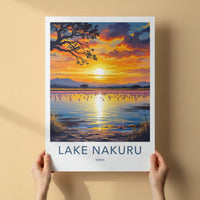 Lake Nakuru Poster - Kenya Travel Art - Flamingo Sunset Lake Home Decor