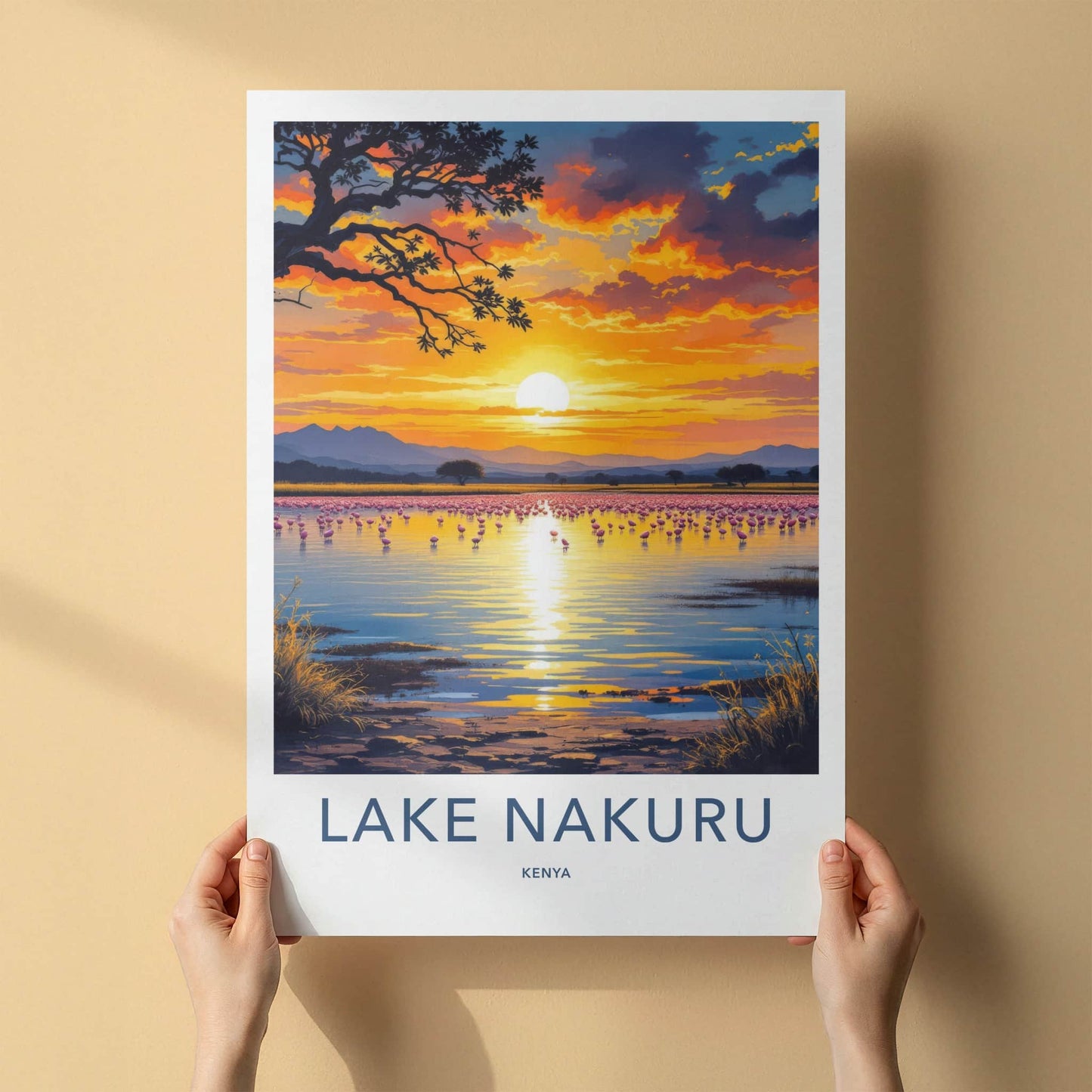 Lake Nakuru Poster - Kenya Travel Art - Flamingo Sunset Lake Home Decor