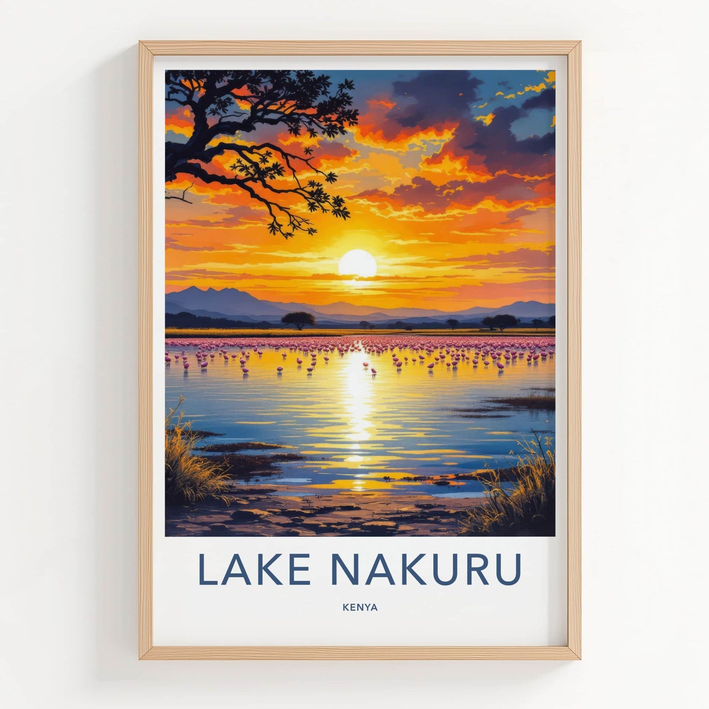 Lake Nakuru Poster - Kenya Travel Art - Flamingo Sunset Lake Home Decor