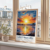 Lake Nakuru Poster - Kenya Travel Art - Flamingos Lake Sunset Home Decor