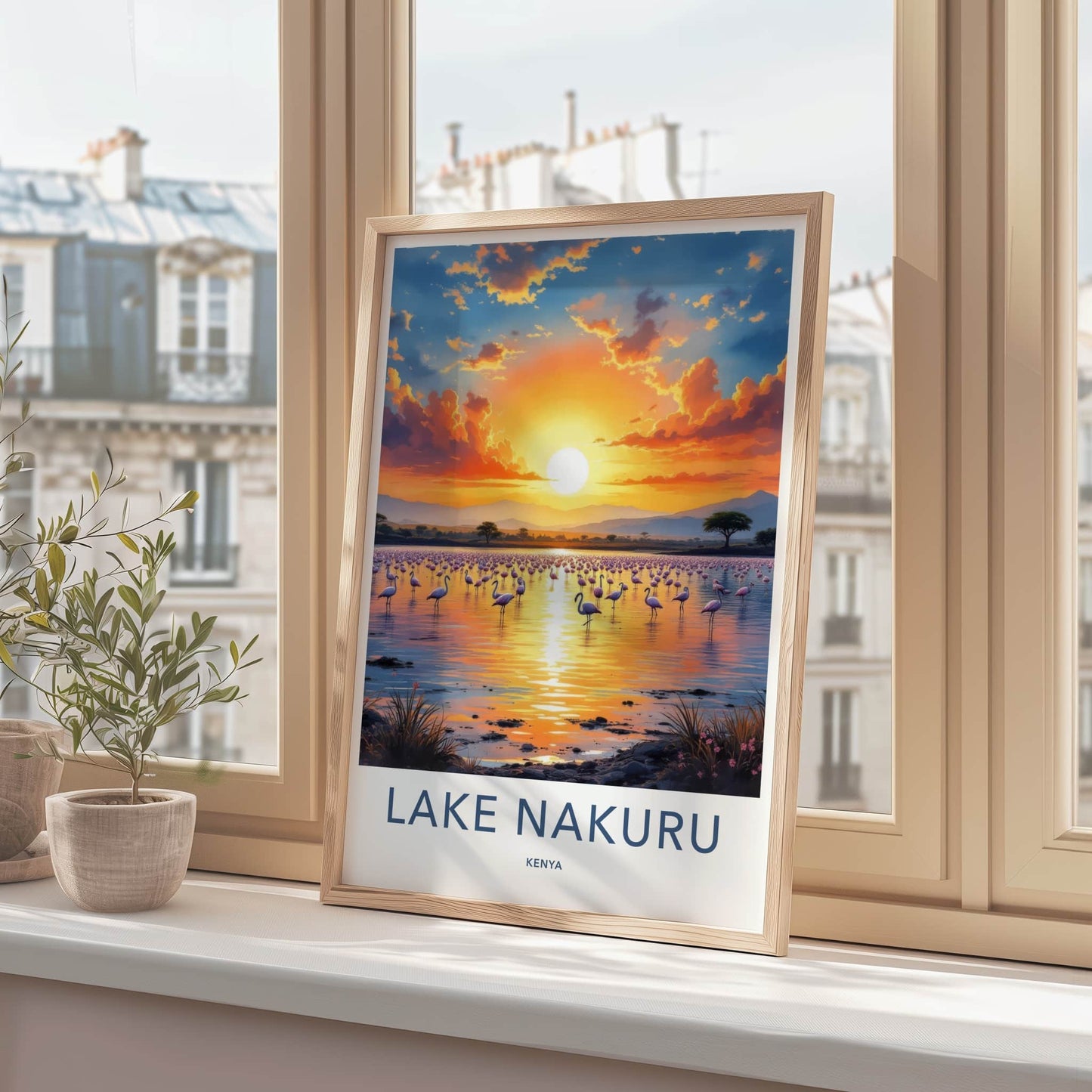Lake Nakuru Poster - Kenya Travel Art - Flamingos Lake Sunset Home Decor