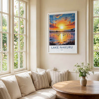 Lake Nakuru Poster - Kenya Travel Art - Flamingos Lake Sunset Home Decor