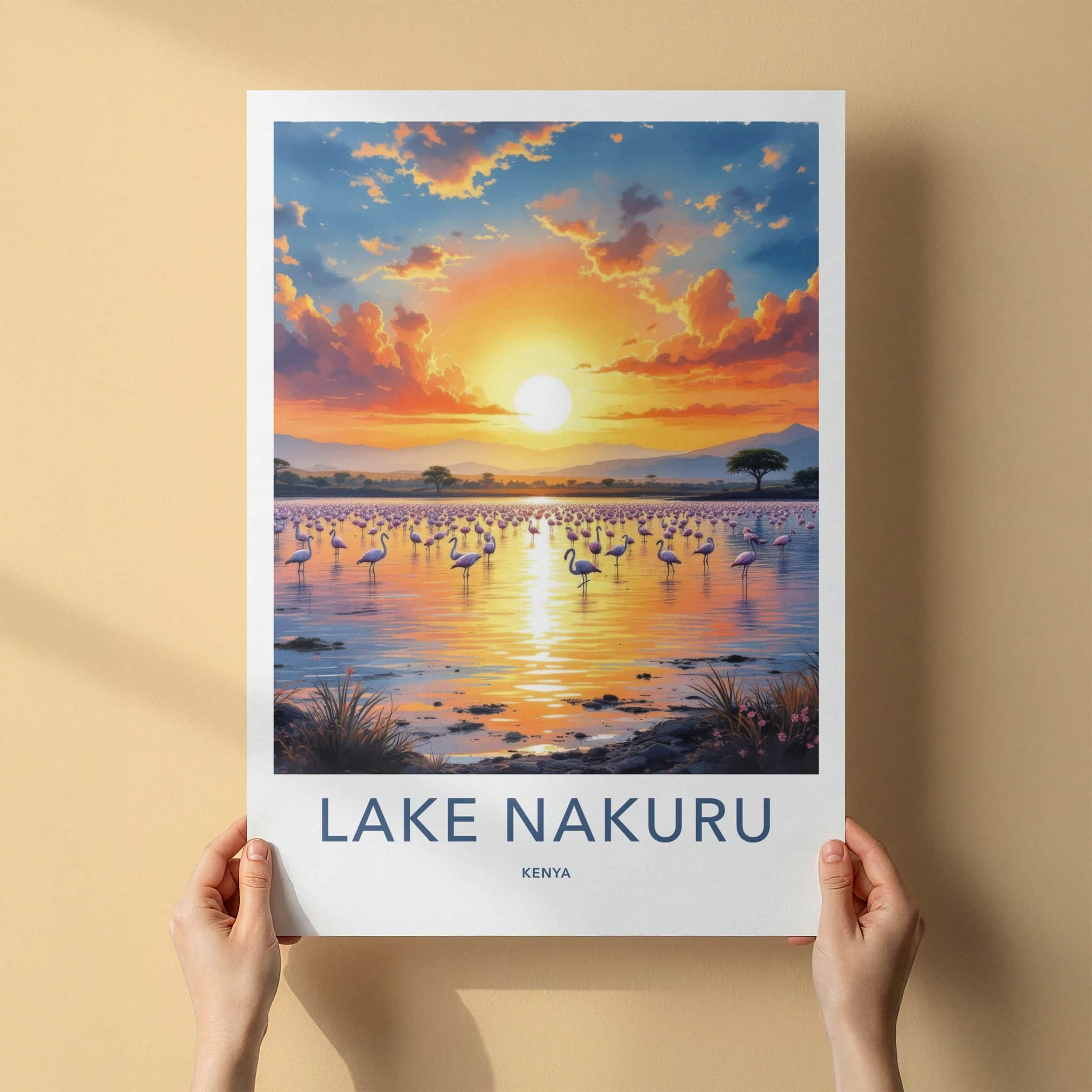 Lake Nakuru Poster - Kenya Travel Art - Flamingos Lake Sunset Home Decor