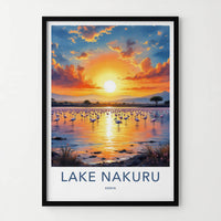 Lake Nakuru Poster - Kenya Travel Art - Flamingos Lake Sunset Home Decor