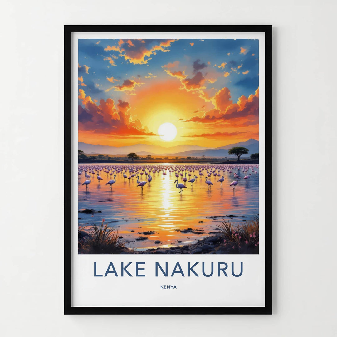 Lake Nakuru Poster - Kenya Travel Art - Flamingos Lake Sunset Home Decor