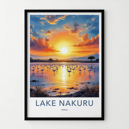 Lake Nakuru Poster - Kenya Travel Art - Flamingos Lake Sunset Home Decor