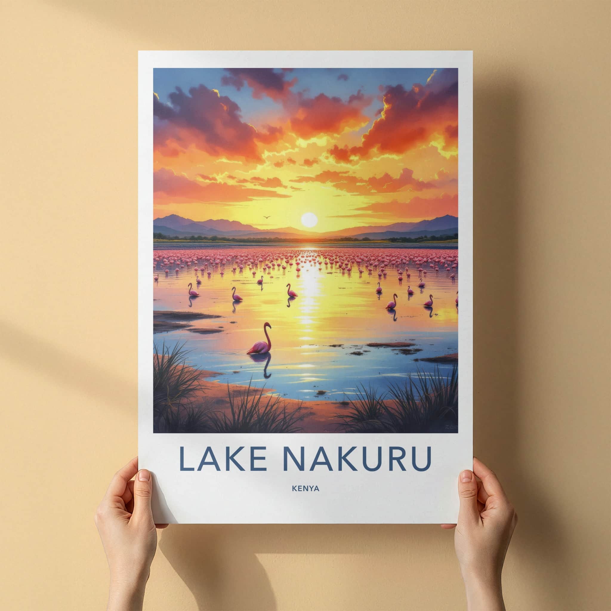 Lake Nakuru Poster - Kenya Travel Art - Flamingos Sunset Lake Wall Decor