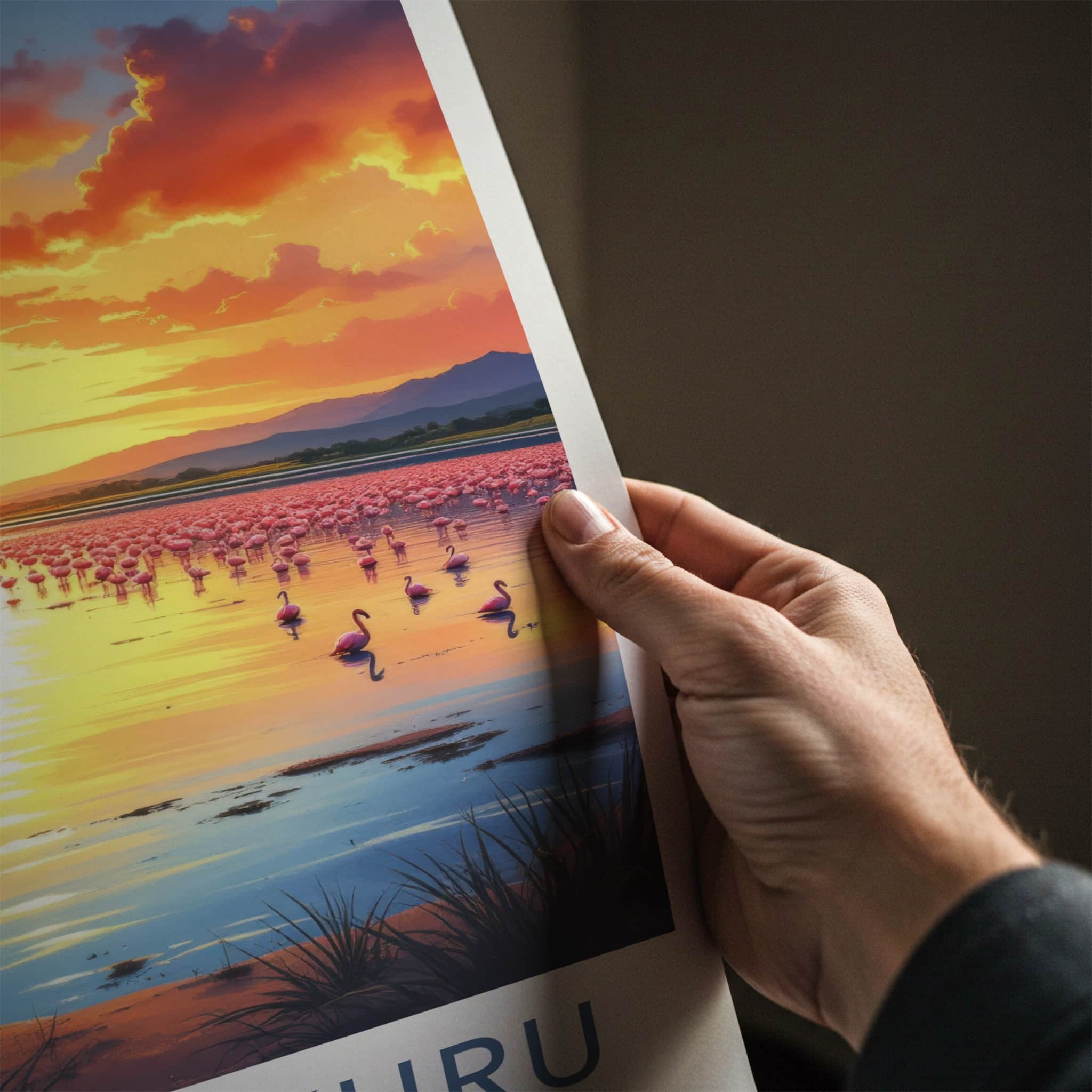 Lake Nakuru Poster - Kenya Travel Art - Flamingos Sunset Lake Wall Decor