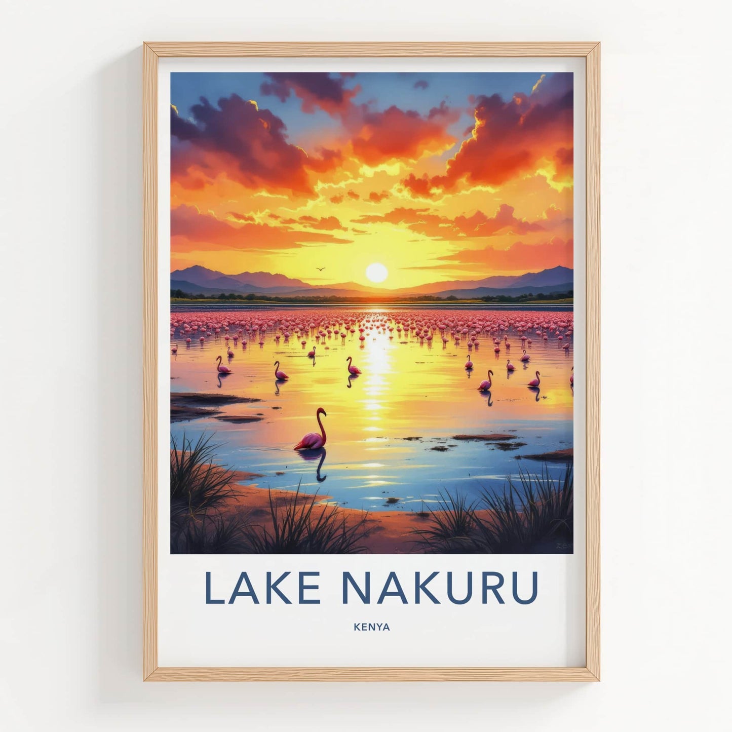 Lake Nakuru Poster - Kenya Travel Art - Flamingos Sunset Lake Wall Decor