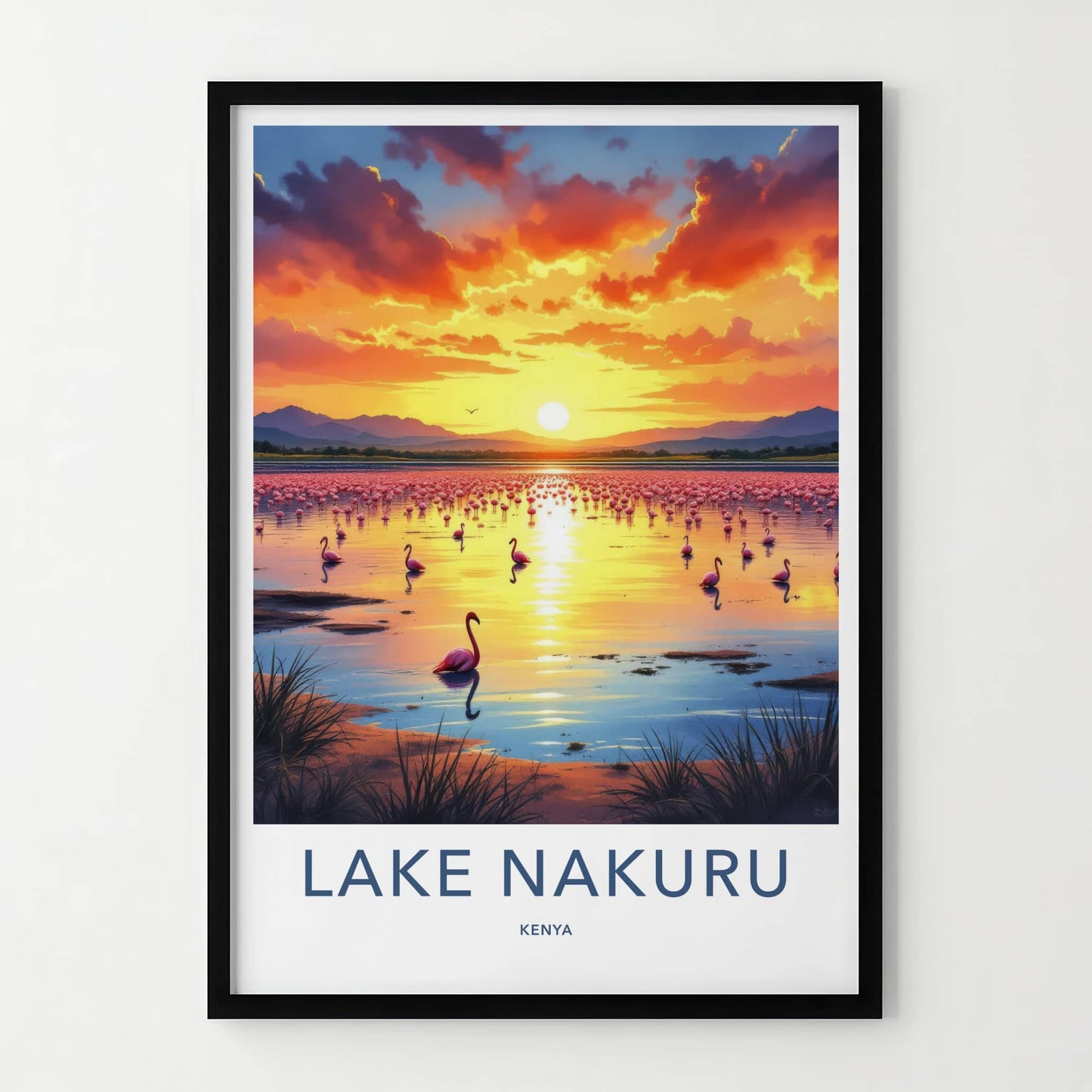 Lake Nakuru Poster - Kenya Travel Art - Flamingos Sunset Lake Wall Decor