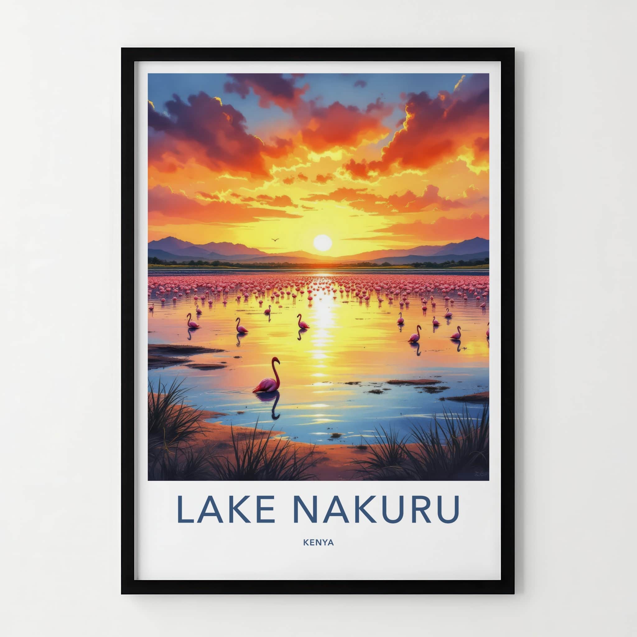 Lake Nakuru Poster - Kenya Travel Art - Flamingos Sunset Lake Wall Decor