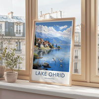 Lake Ohrid Poster - North Macedonia Travel Art - Lakeside Village Birds Home Decor