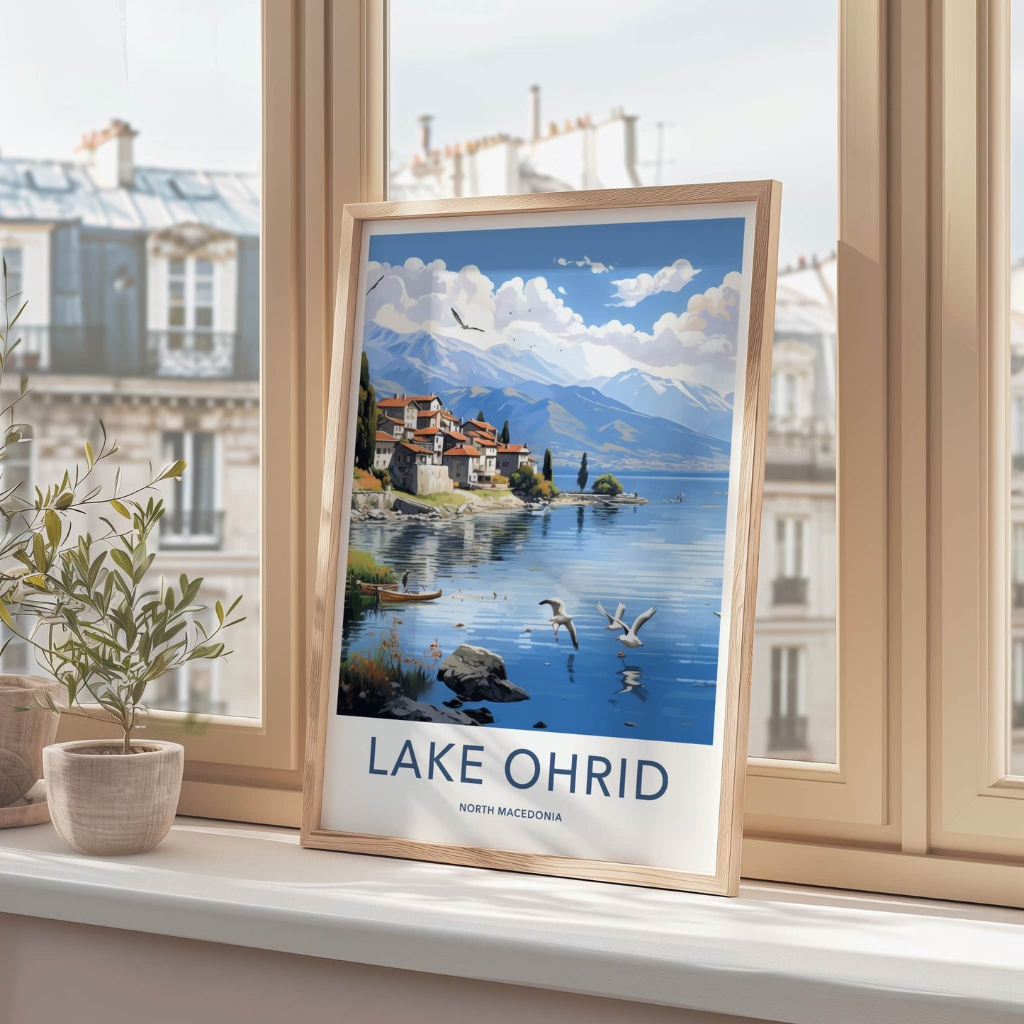 Lake Ohrid Poster - North Macedonia Travel Art - Lakeside Village Birds Home Decor
