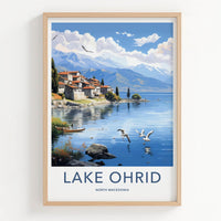 Lake Ohrid Poster - North Macedonia Travel Art - Lakeside Village Birds Home Decor