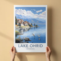 Lake Ohrid Poster - North Macedonia Travel Art - Lakeside Village Birds Home Decor