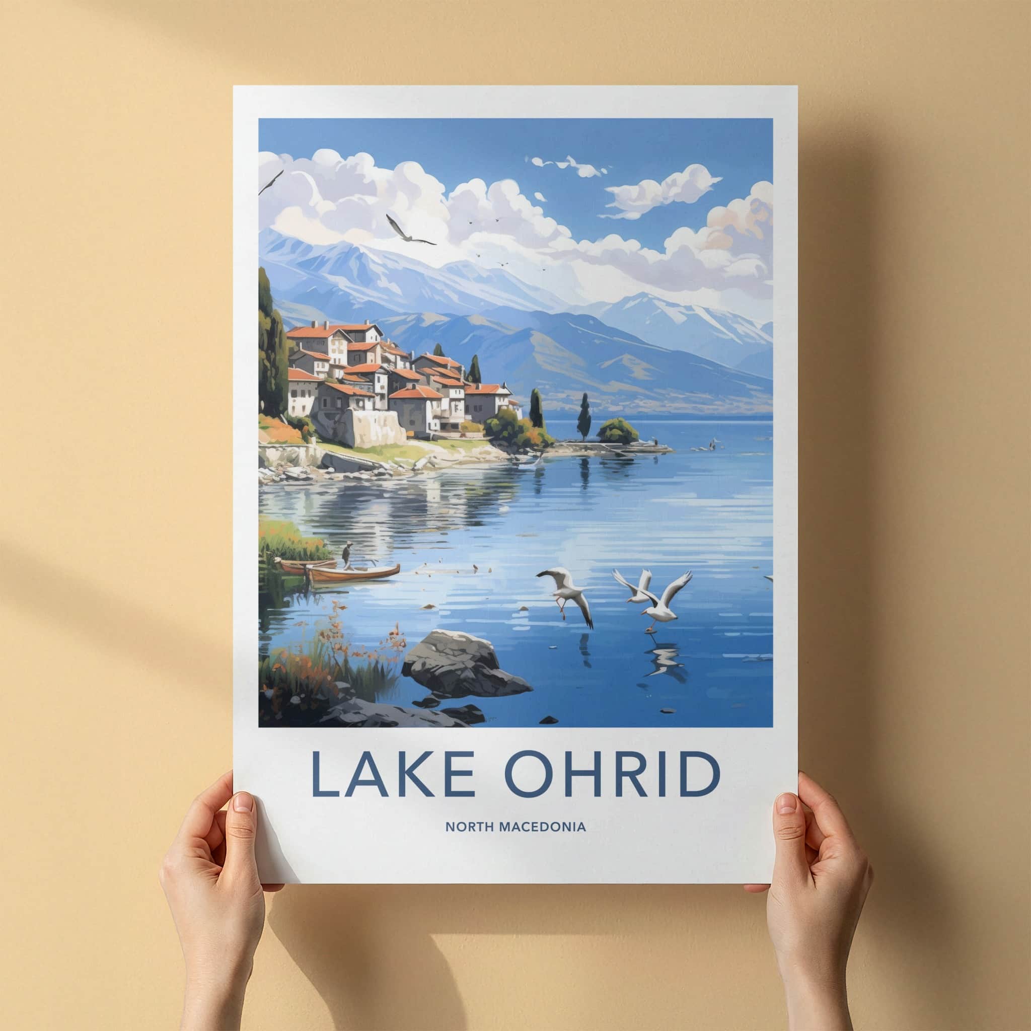 Lake Ohrid Poster - North Macedonia Travel Art - Lakeside Village Birds Home Decor