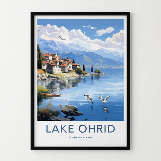 Lake Ohrid Poster - North Macedonia Travel Art - Lakeside Village Birds Home Decor