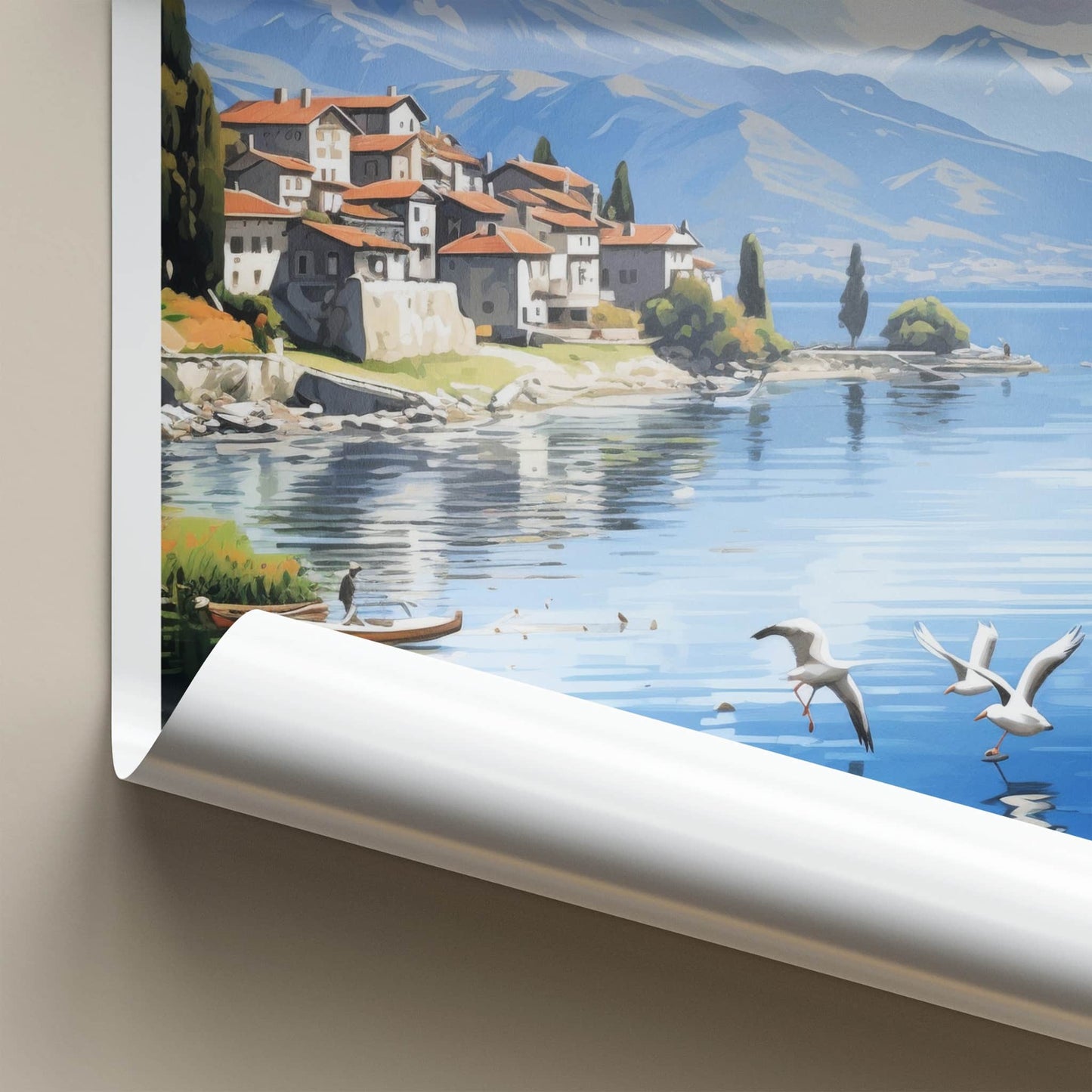 Lake Ohrid Poster - North Macedonia Travel Art - Lakeside Village Birds Home Decor