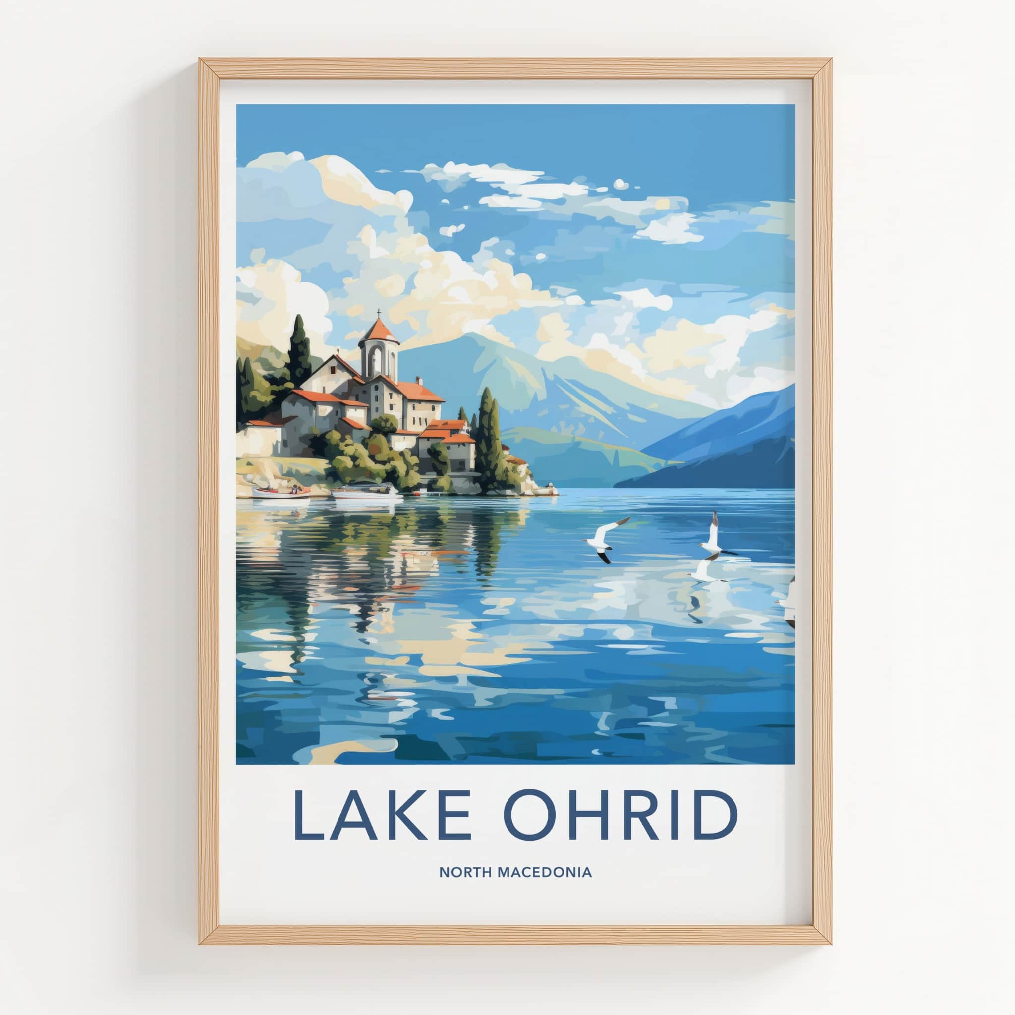 Lake Ohrid Poster - North Macedonia Travel Art - Lakeside Village Mountains Home Decor
