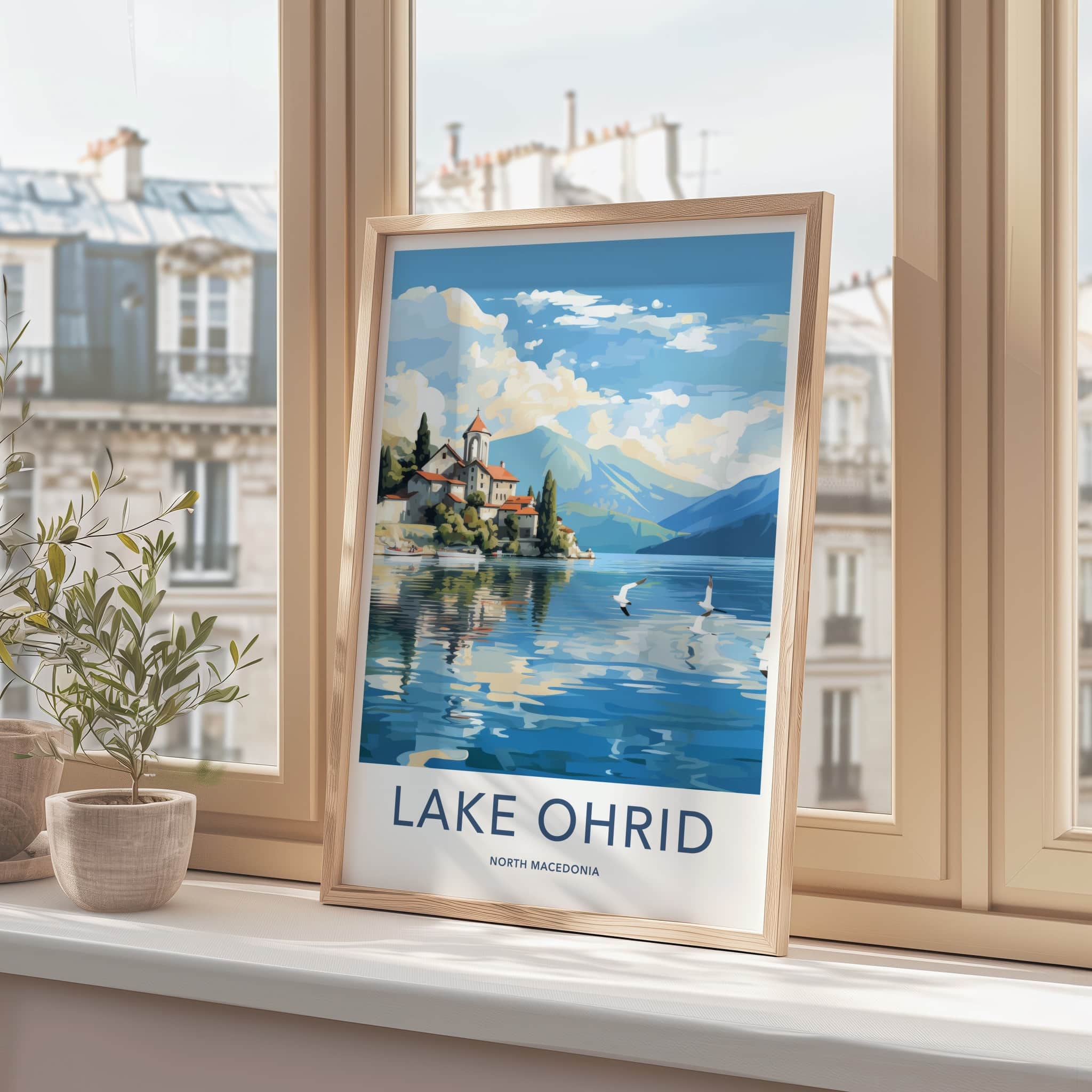 Lake Ohrid Poster - North Macedonia Travel Art - Lakeside Village Mountains Home Decor