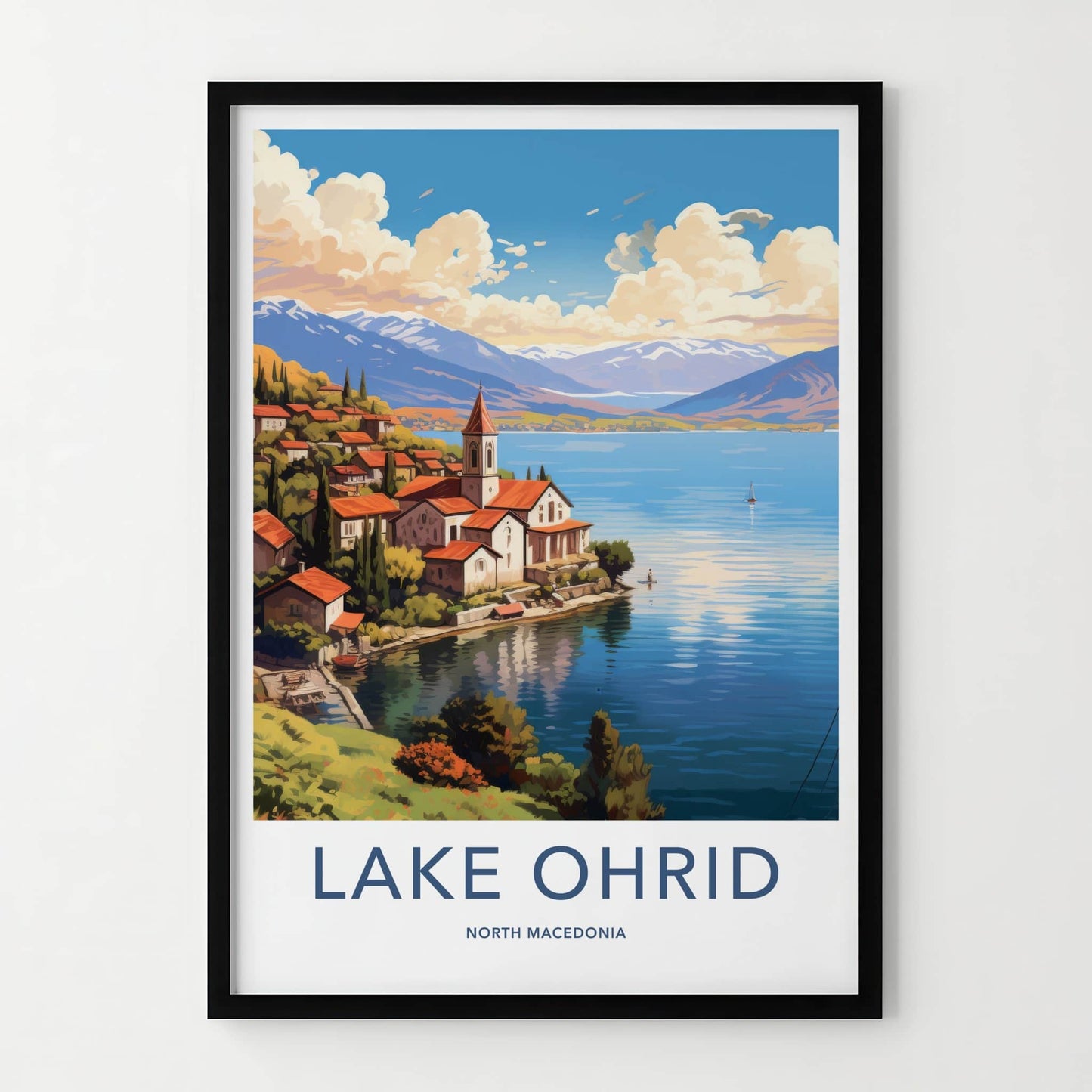 Lake Ohrid Poster - North Macedonia Travel Art - Lakeside Village Mountains Home Decor