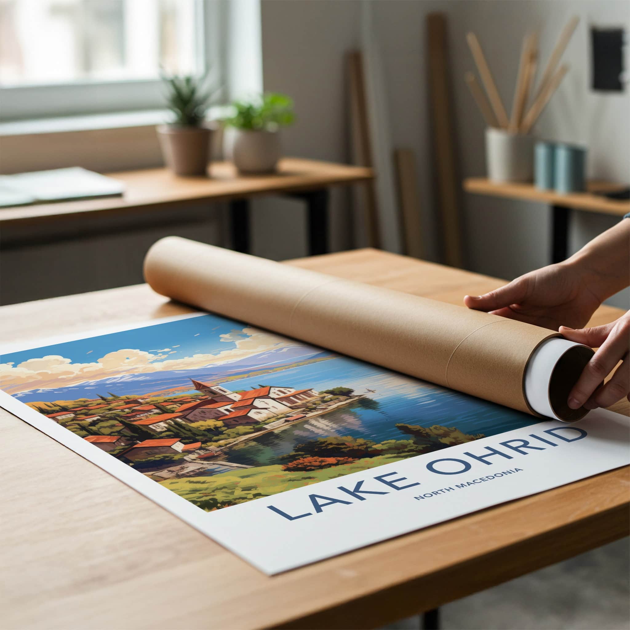 Lake Ohrid Poster - North Macedonia Travel Art - Lakeside Village Mountains Home Decor