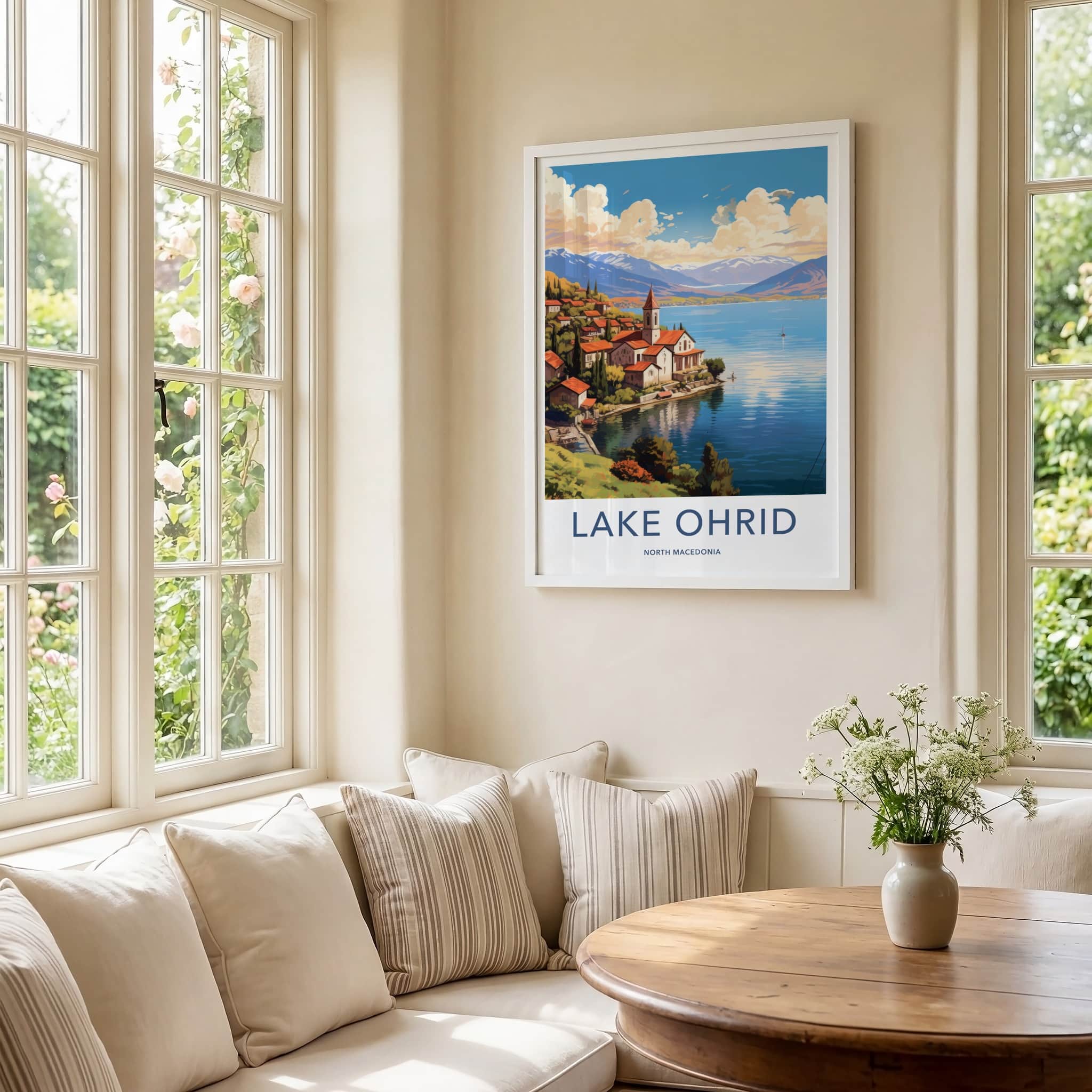 Lake Ohrid Poster - North Macedonia Travel Art - Lakeside Village Mountains Home Decor